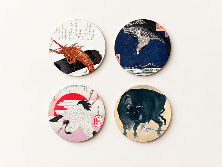 Set of 4 square cork coasters featuring traditional Japanese Ukiyo-e wildlife art including Hiroshige eagle and crane designs