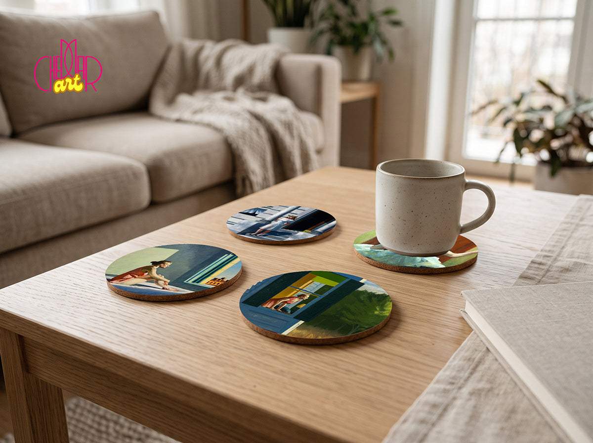 dward Hopper Art Coaster Set — 4 Coordinated Realist Masterpieces | Cheddar Art