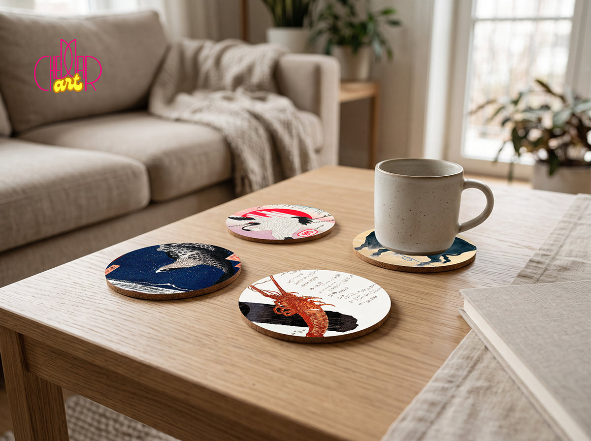 Japanese Wildlife Coaster Set — 4 Coordinated Ukiyo-e Masterpieces | Cheddar Art