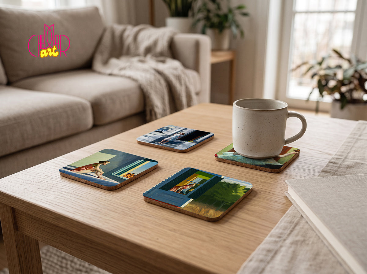 dward Hopper Art Coaster Set — 4 Coordinated Realist Masterpieces | Cheddar Art