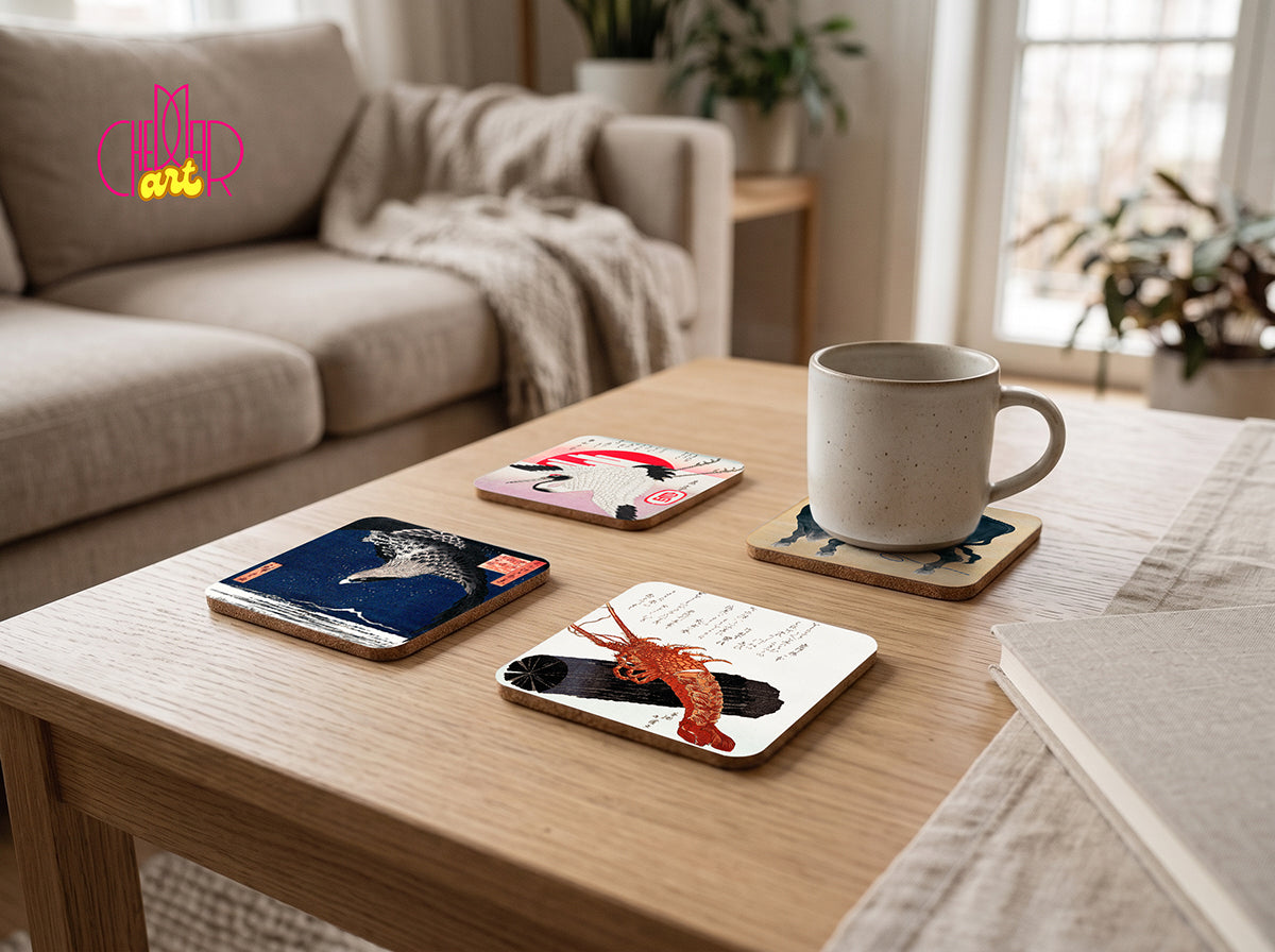 Japanese Wildlife Coaster Set — 4 Coordinated Ukiyo-e Masterpieces | Cheddar Art