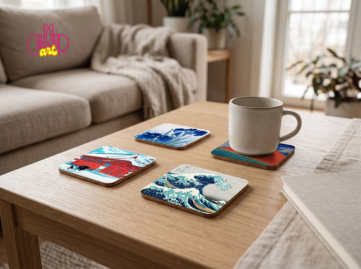 Japanese Landscapes Coaster Set — 4 Coordinated Ukiyo-e Masterpieces (Hokusai) | Cheddar Art
