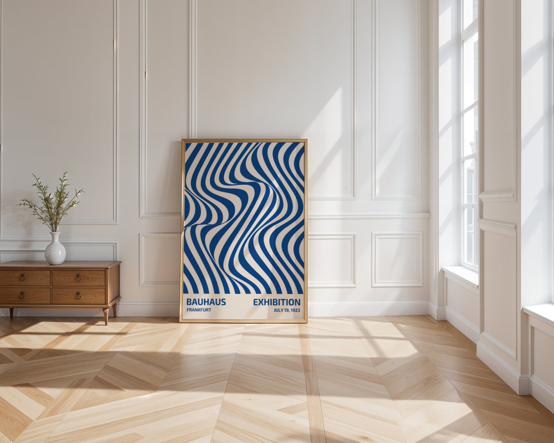 Bauhaus poster with blue abstract lines on a beige background