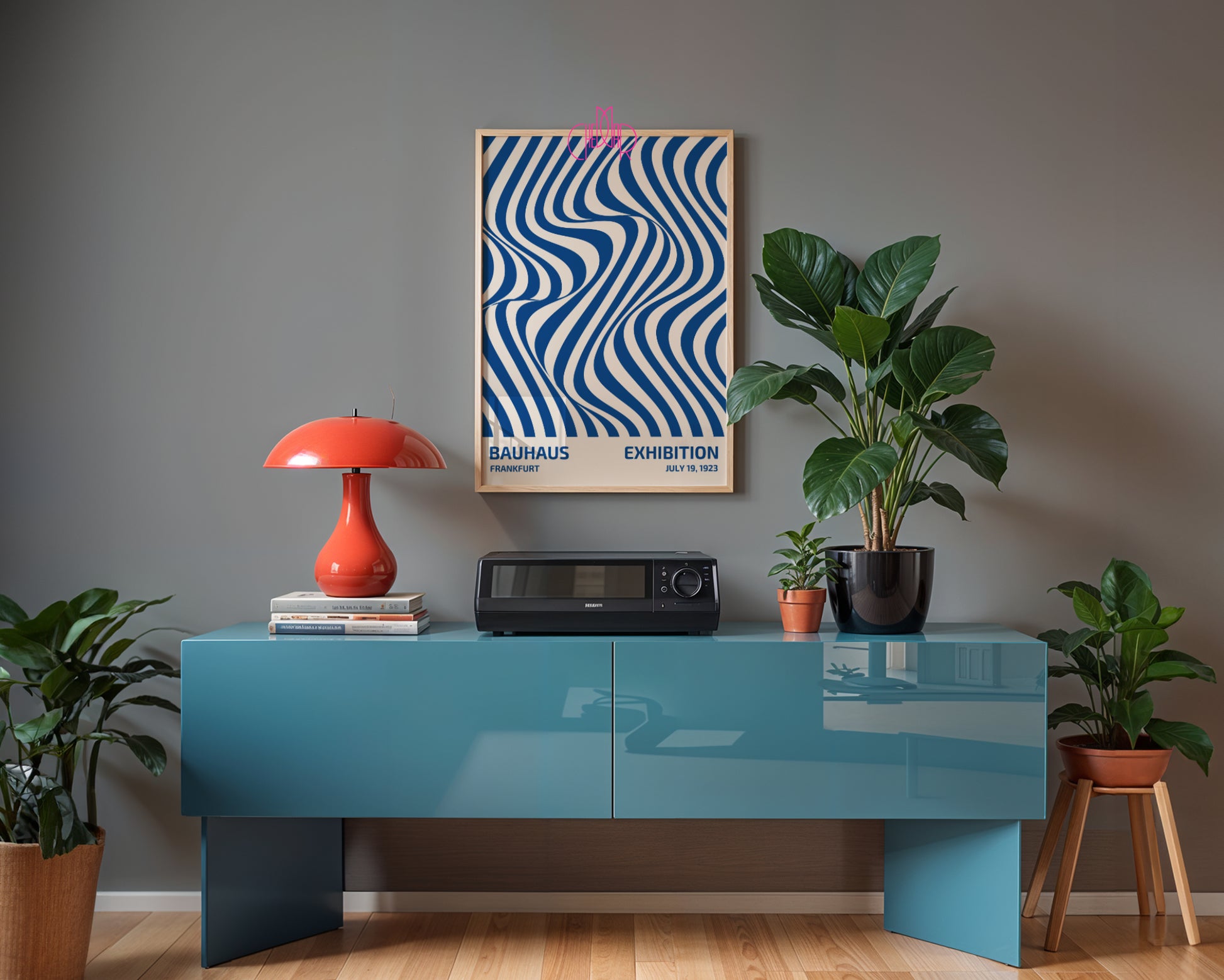 Bauhaus poster with blue abstract lines on a beige background