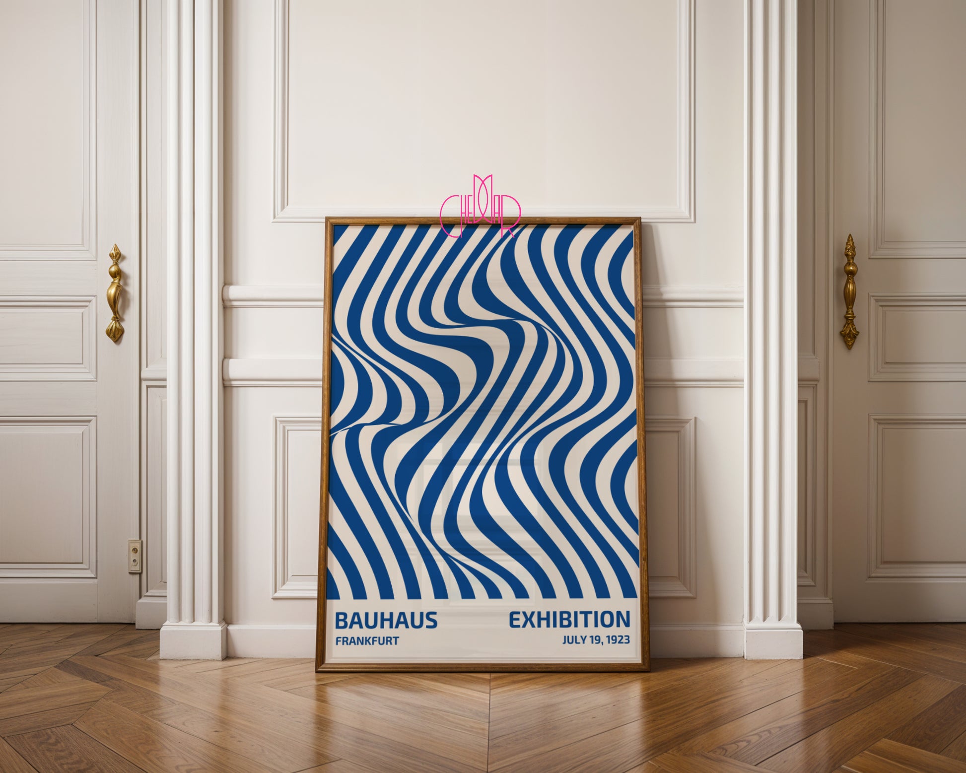Bauhaus poster with blue abstract lines on a beige background