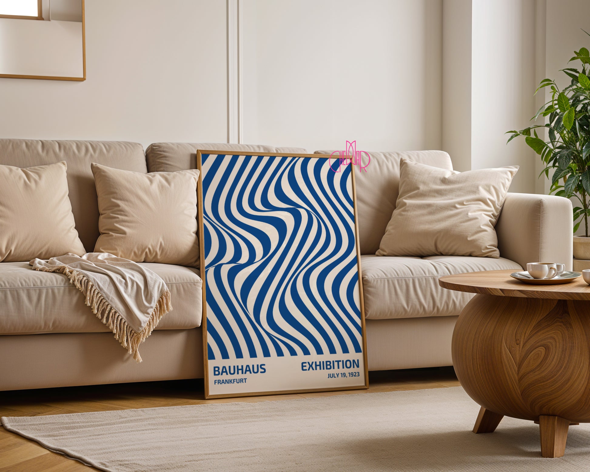 Bauhaus poster with blue abstract lines on a beige background
