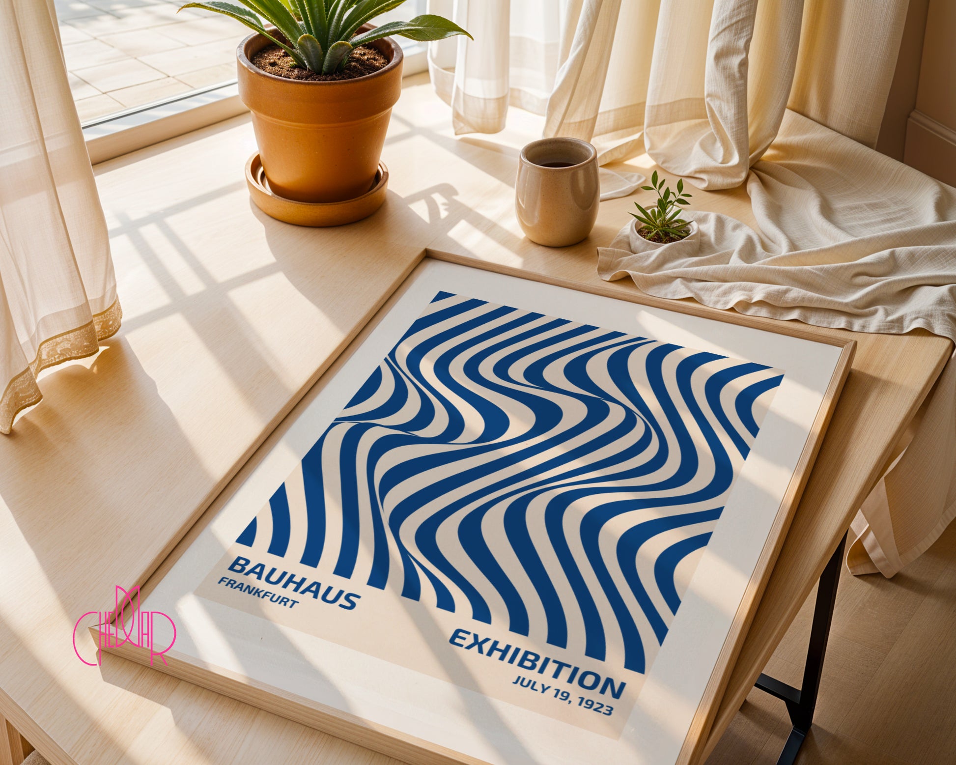 Bauhaus poster with blue abstract lines on a beige background
