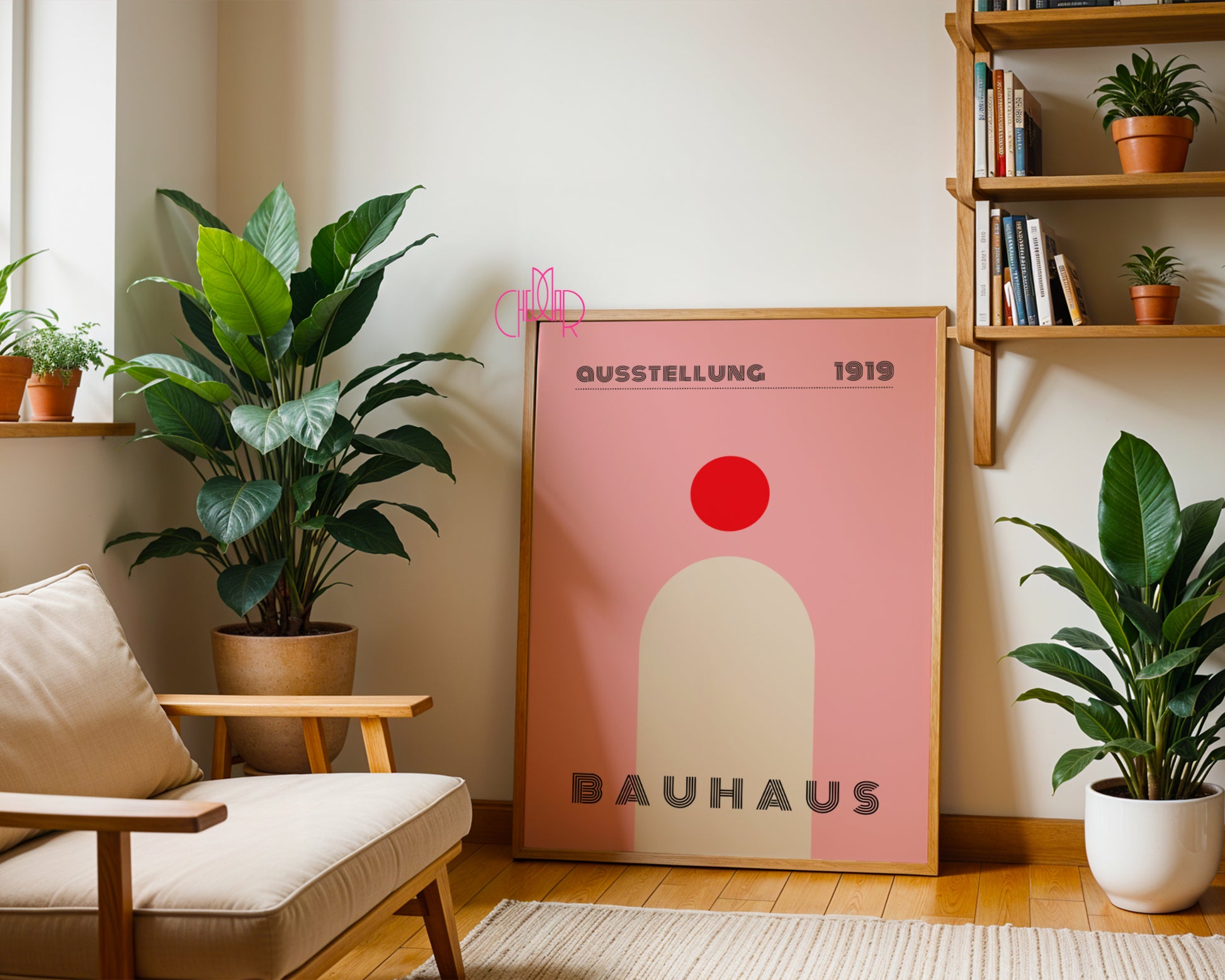 Bauhaus modern poster, dot with shape on powder pink background