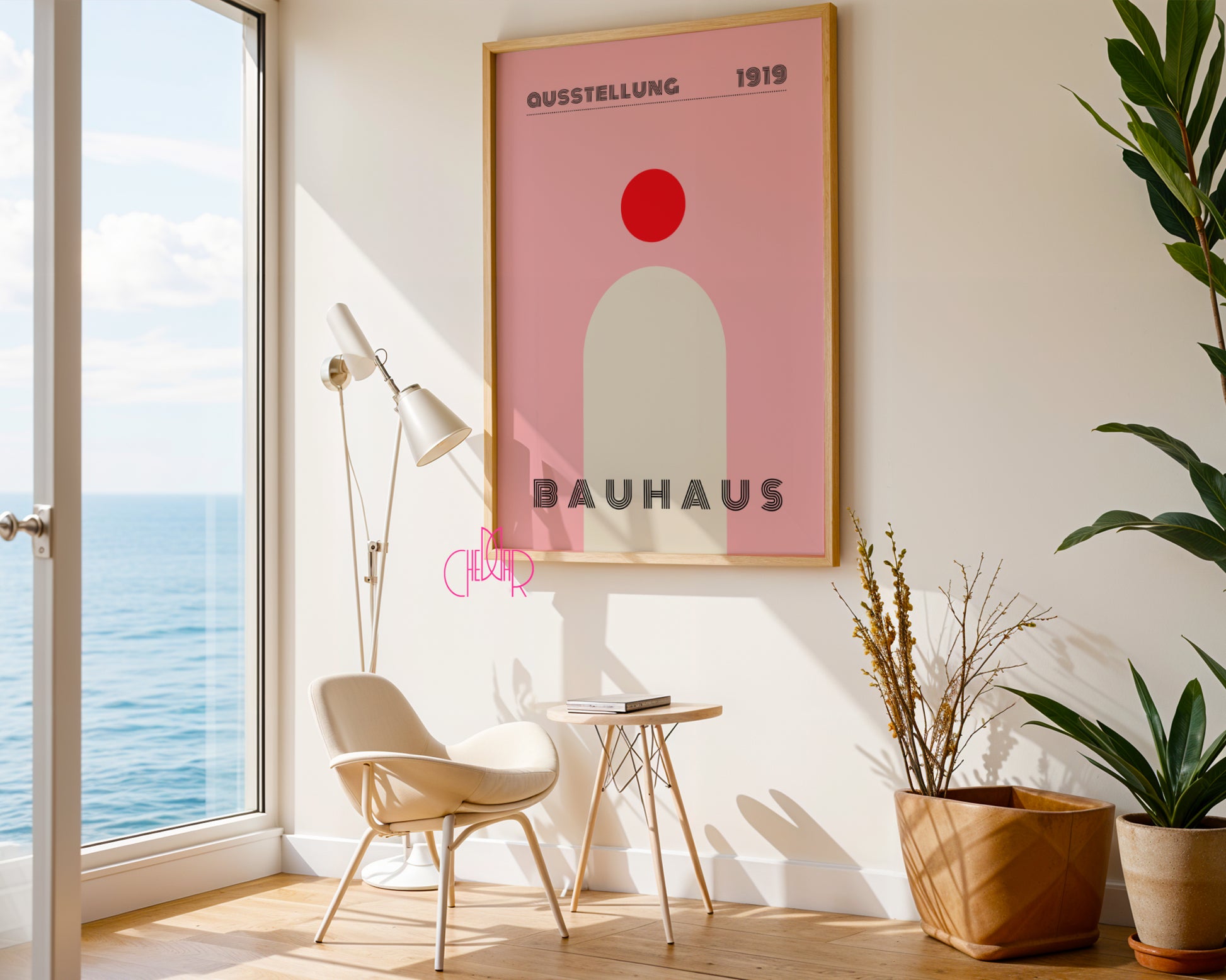 Bauhaus modern poster, dot with shape on powder pink background