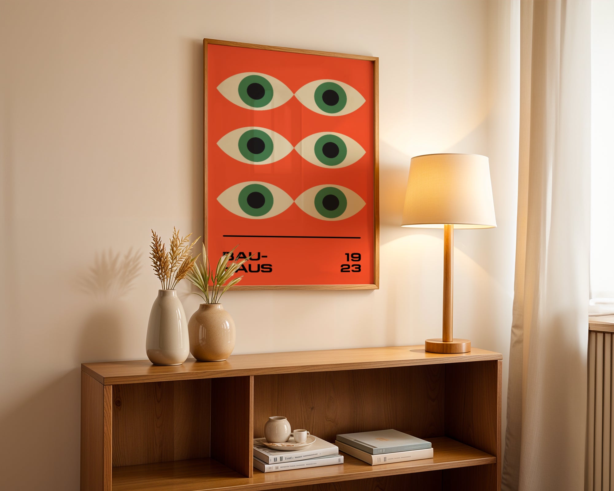 Bauhaus poster green eyes on orange background, modernism, retro
