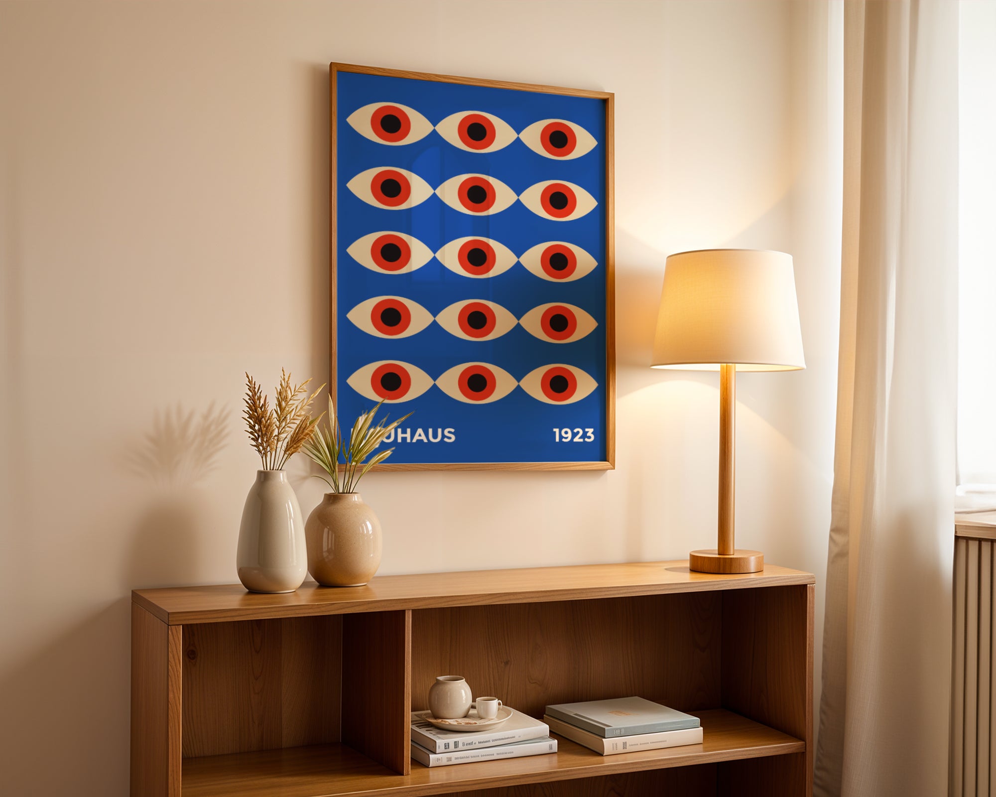 Bauhaus poster red "Eyes of the Prophet" on a navy blue background, modernism