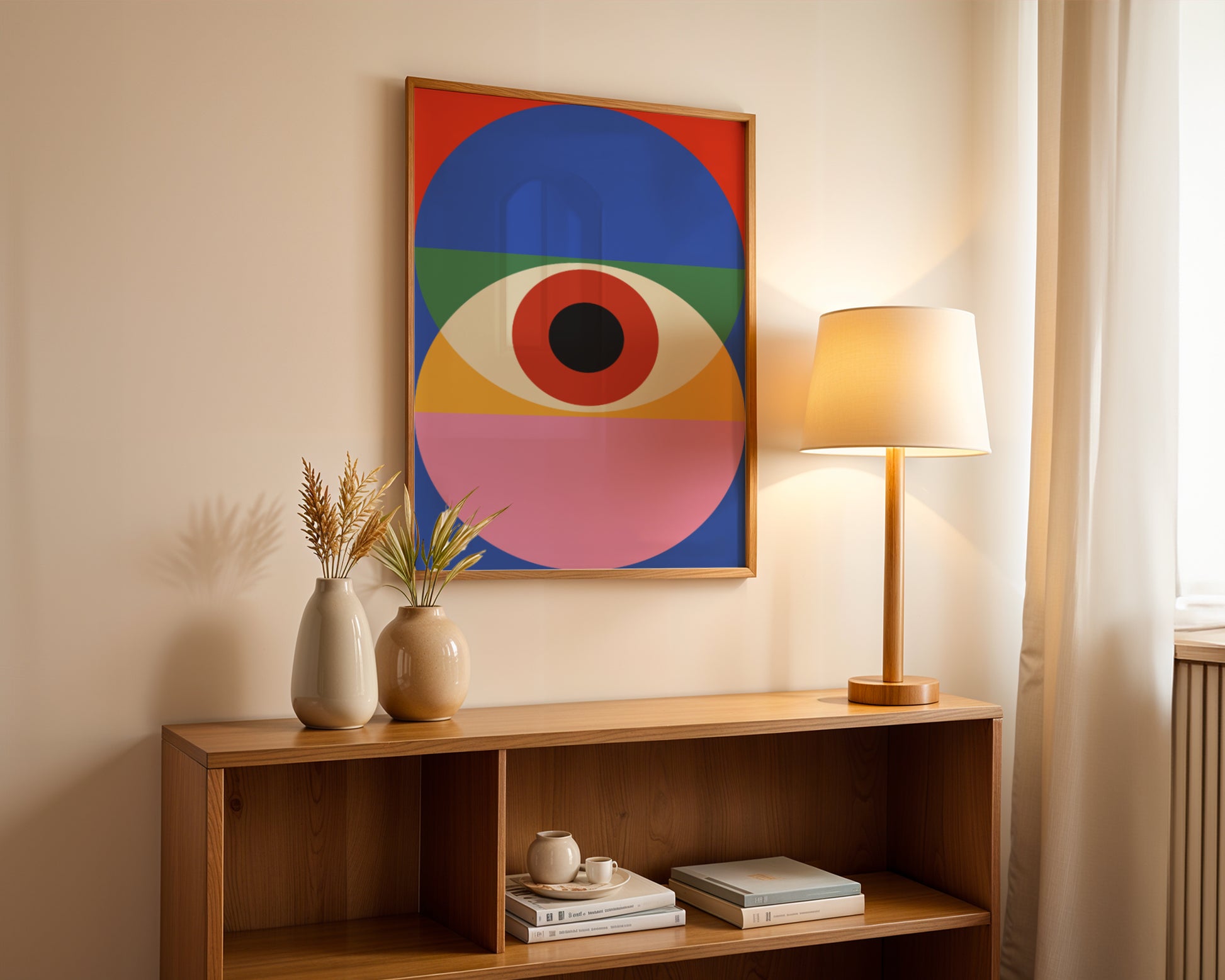 Bauhaus poster, colorful circles on a blue and red background, contemporary art