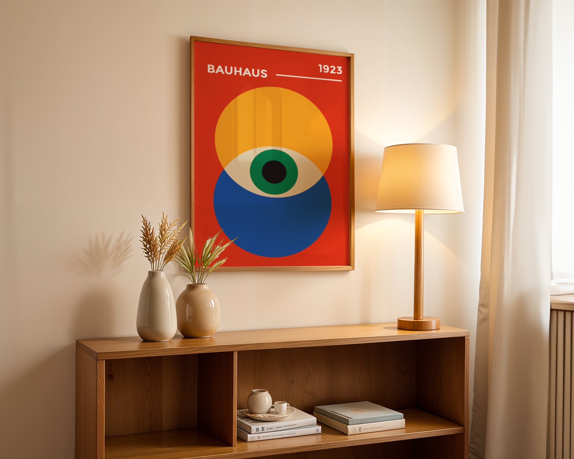 Bauhaus poster - orange and navy blue circles with a green "Eye of the Prophet" on a red background