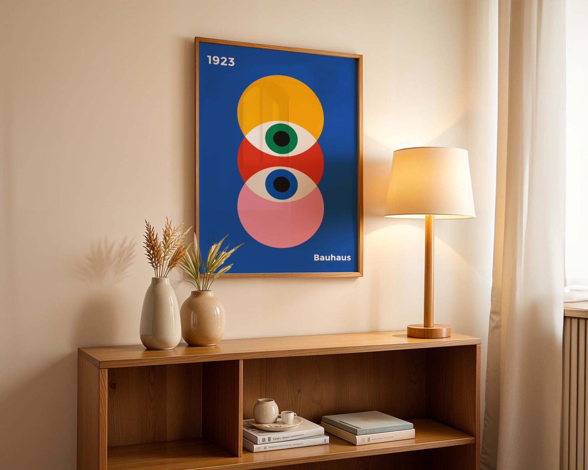 Bauhaus poster with colorful circles on a navy blue background with prophet eyes