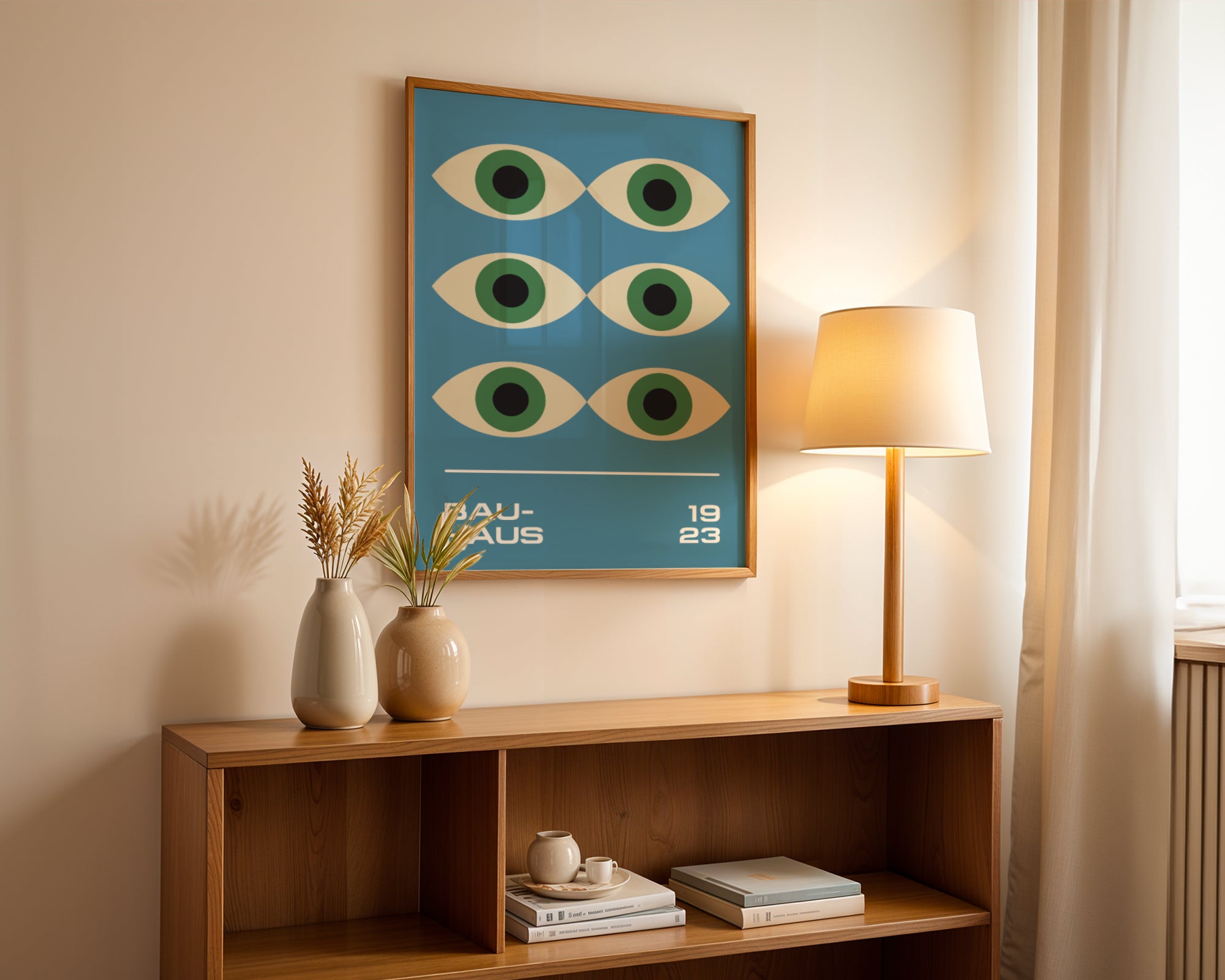 Bauhaus poster – geometric colorful green "Eyes of the Prophet" on blue background, retro, modernism