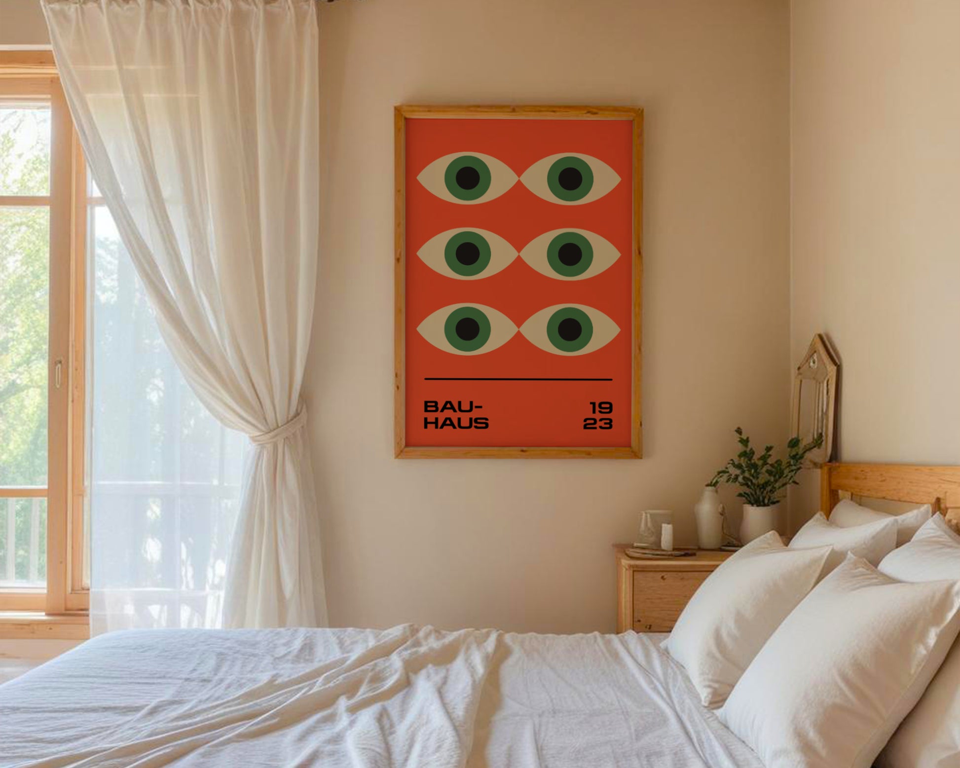 Bauhaus poster green eyes on orange background, modernism, retro