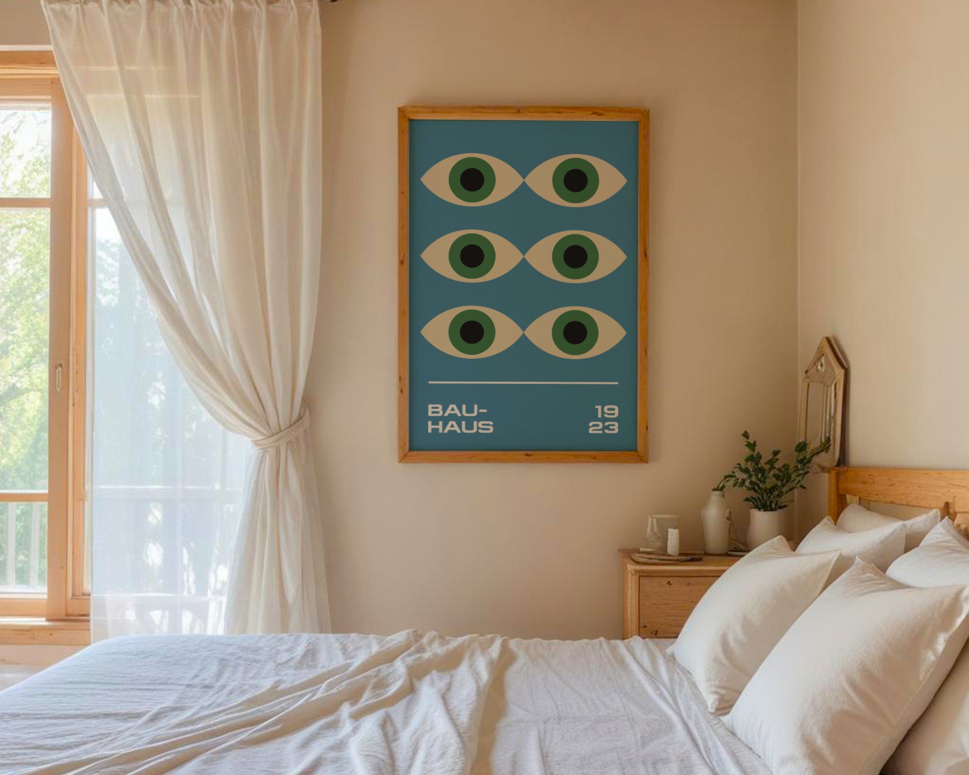 Bauhaus poster – geometric colorful green "Eyes of the Prophet" on blue background, retro, modernism