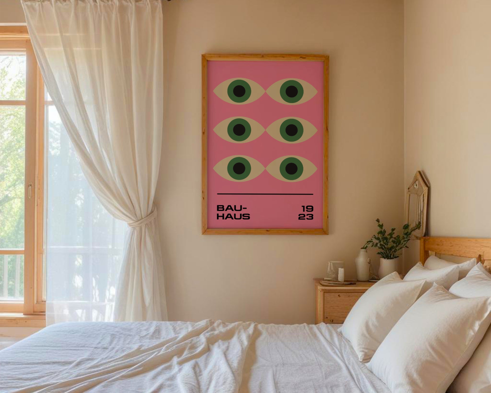Bauhaus Poster – Geometric Green Eyes on a Pink Background, Retro