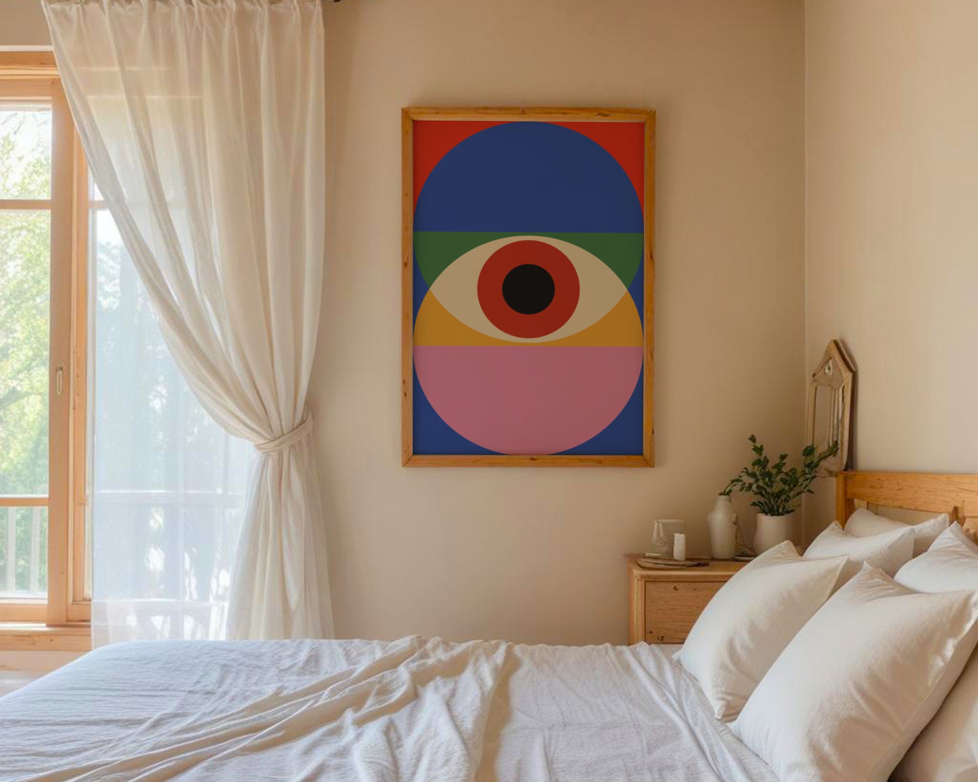 Bauhaus poster, colorful circles on a blue and red background, contemporary art