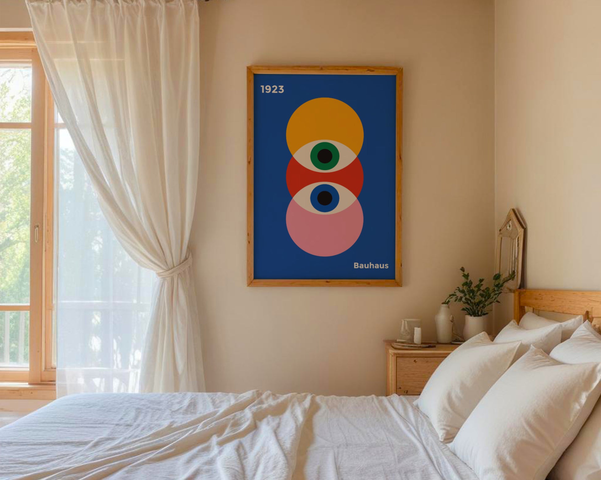 Bauhaus poster with colorful circles on a navy blue background with prophet eyes