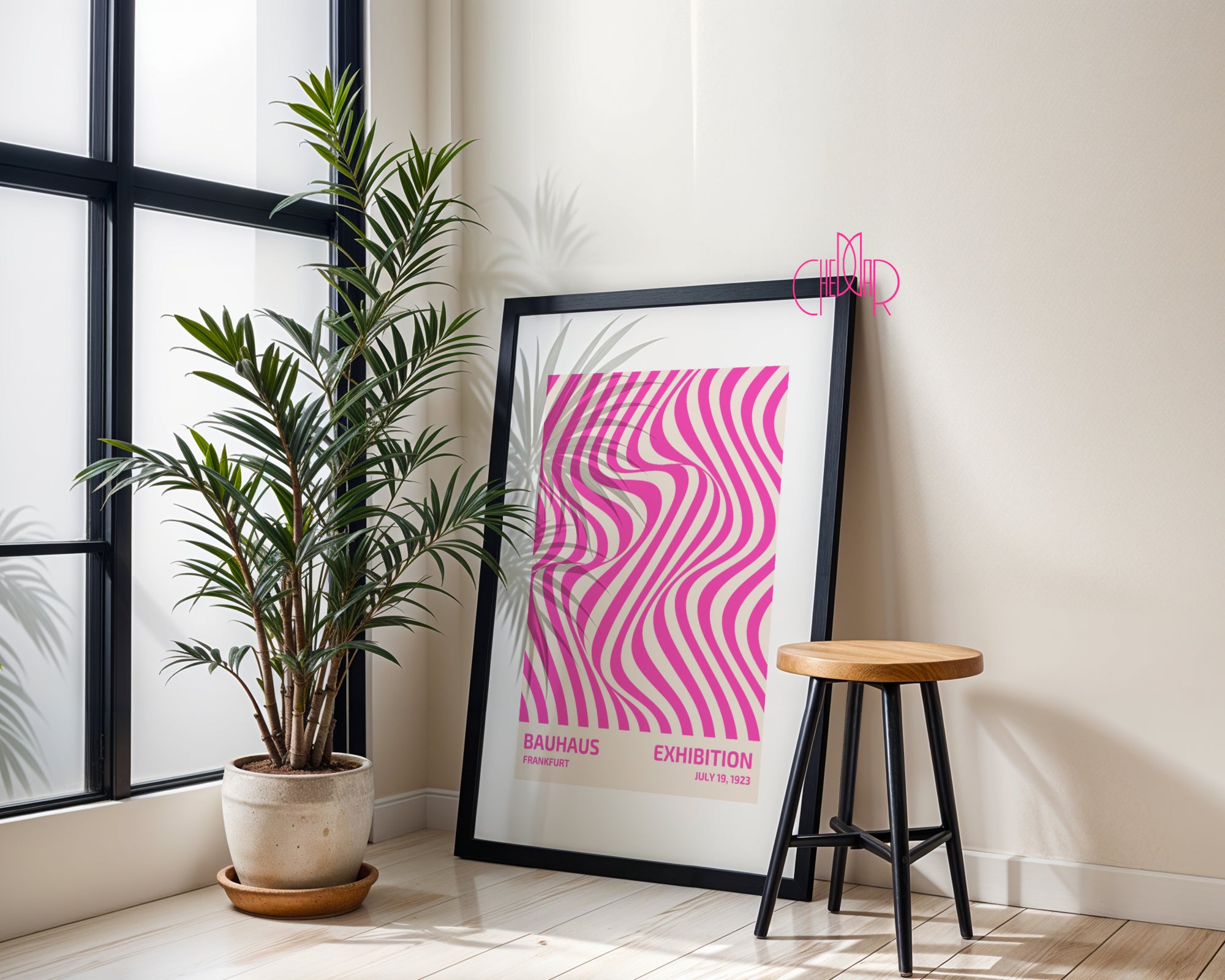 Bauhaus poster with pink abstract lines on a beige background