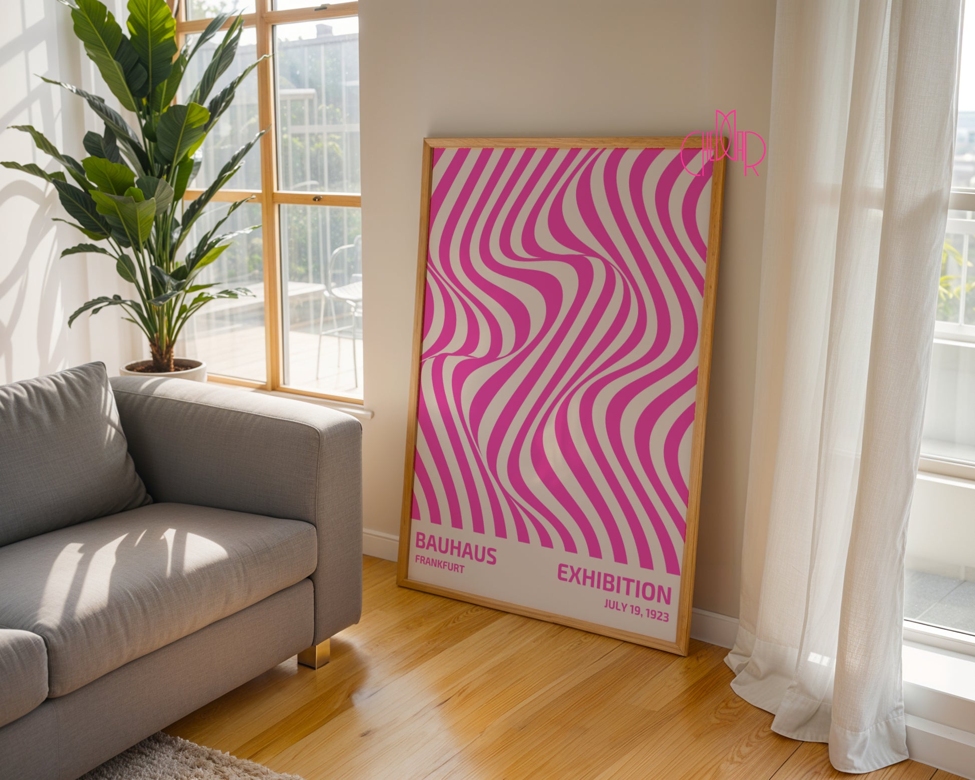 Bauhaus poster with pink abstract lines on a beige background