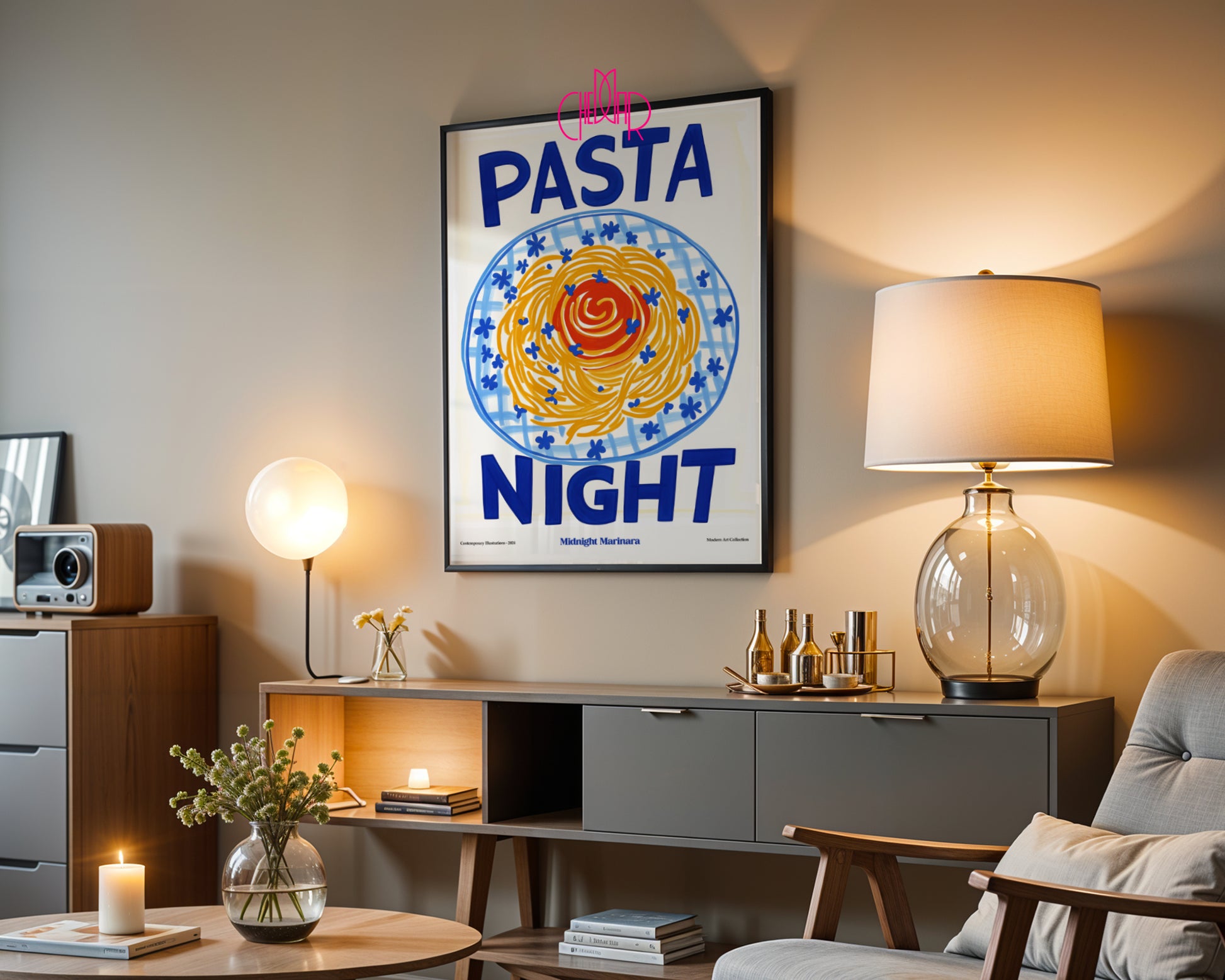 Pasta Night modernist poster, Contemporary Art Gallery