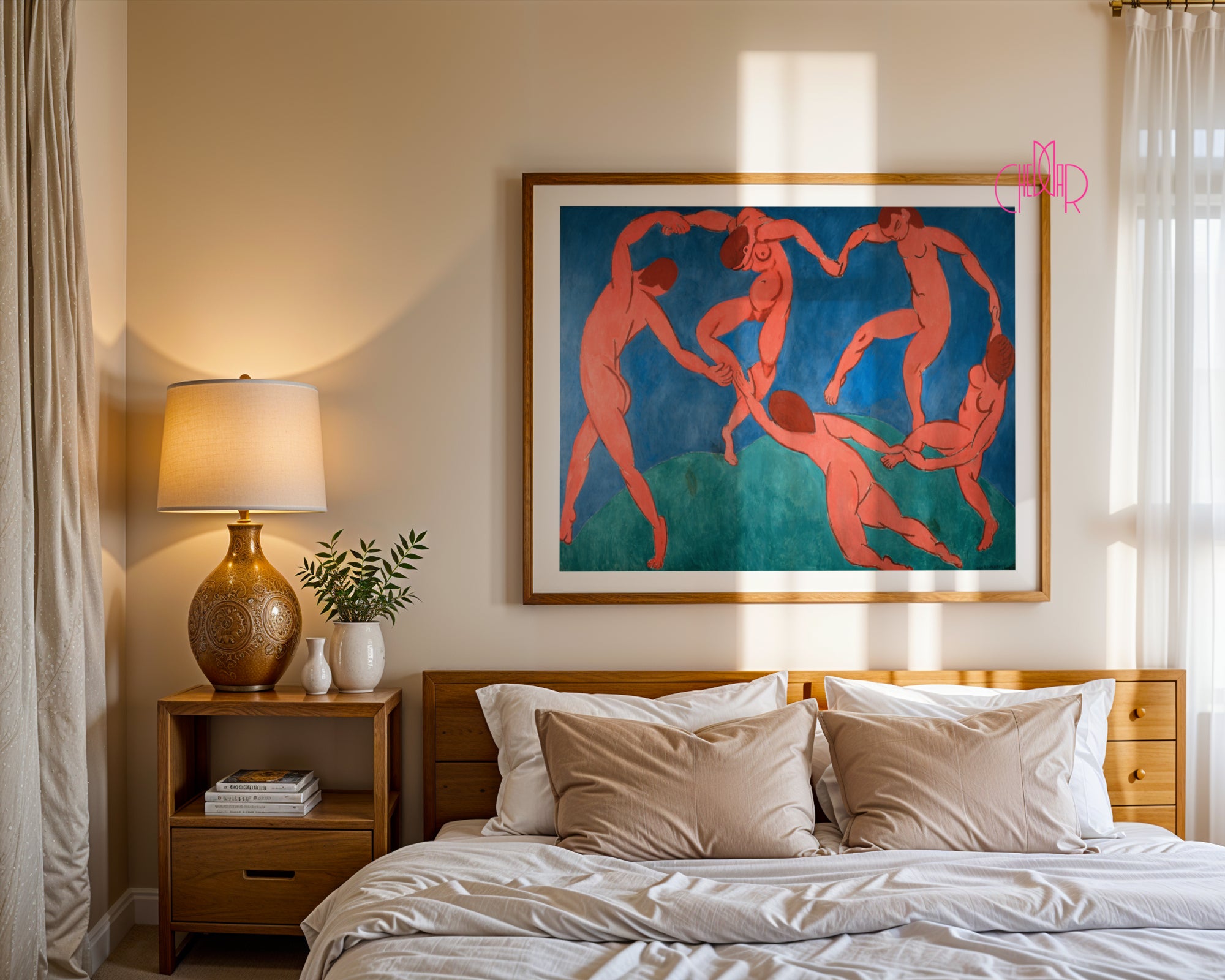 Bauhaus poster red "Eyes of the Prophet" on a navy blue background, modernism