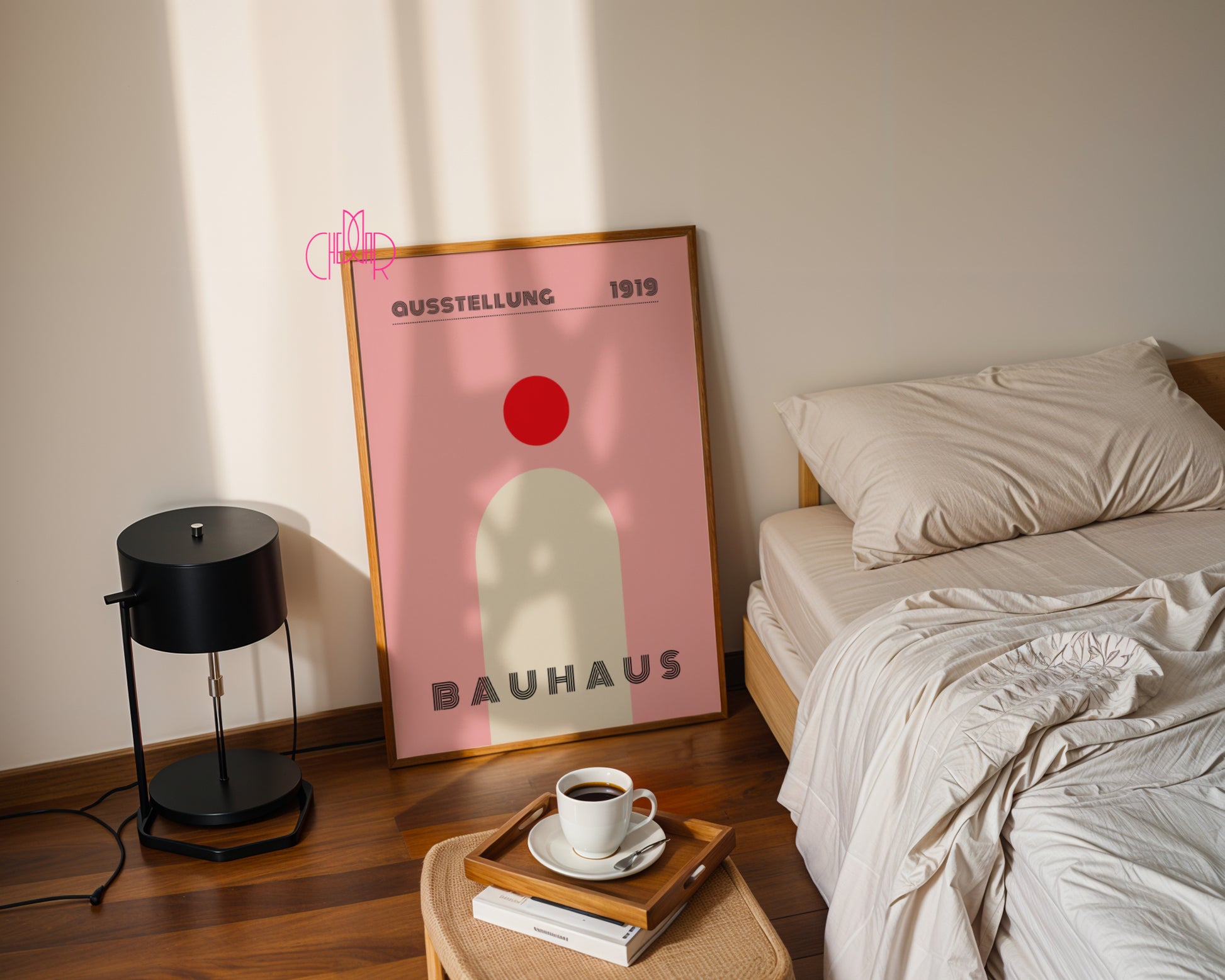 Bauhaus modern poster, dot with shape on powder pink background