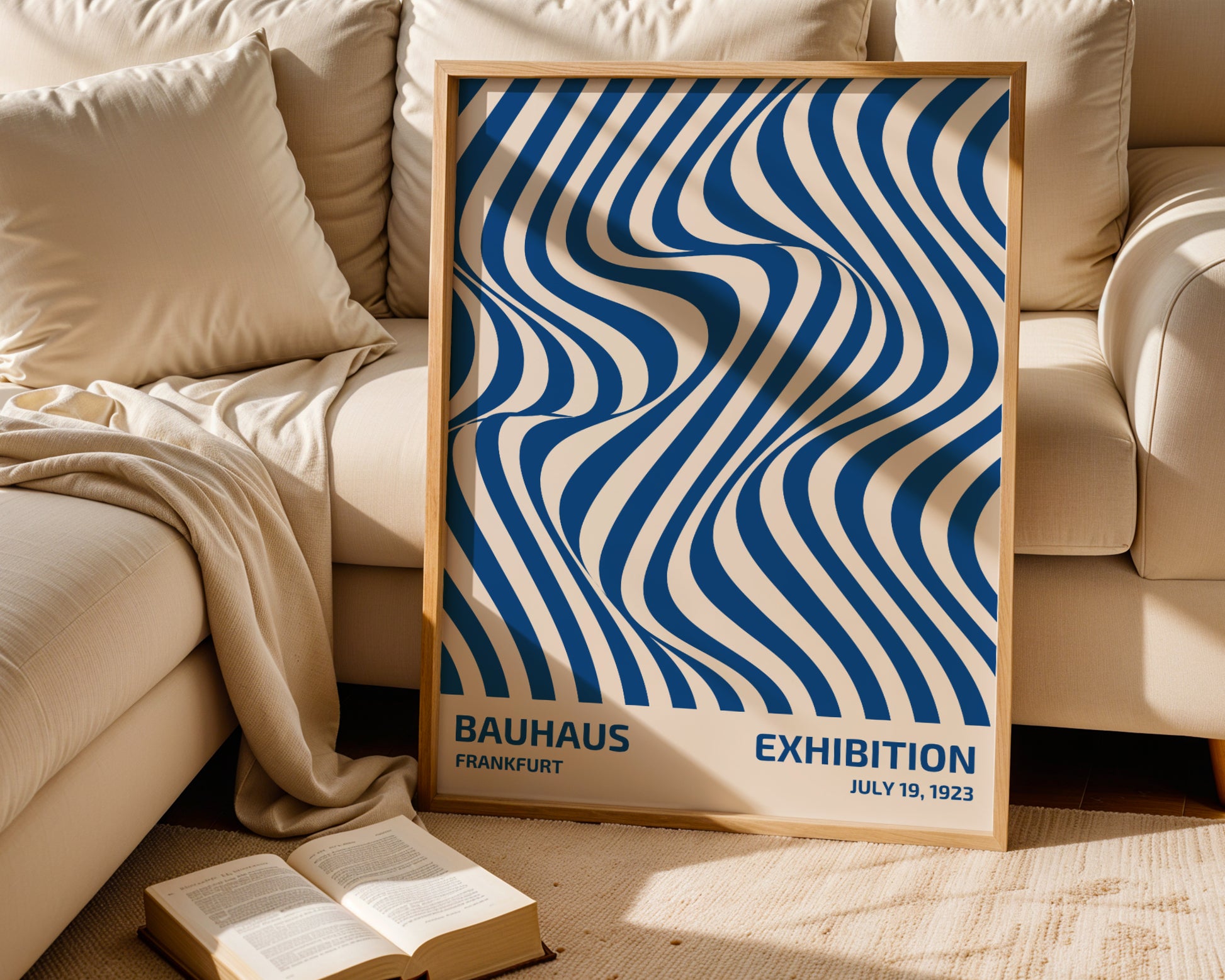 Bauhaus poster with blue abstract lines on a beige background