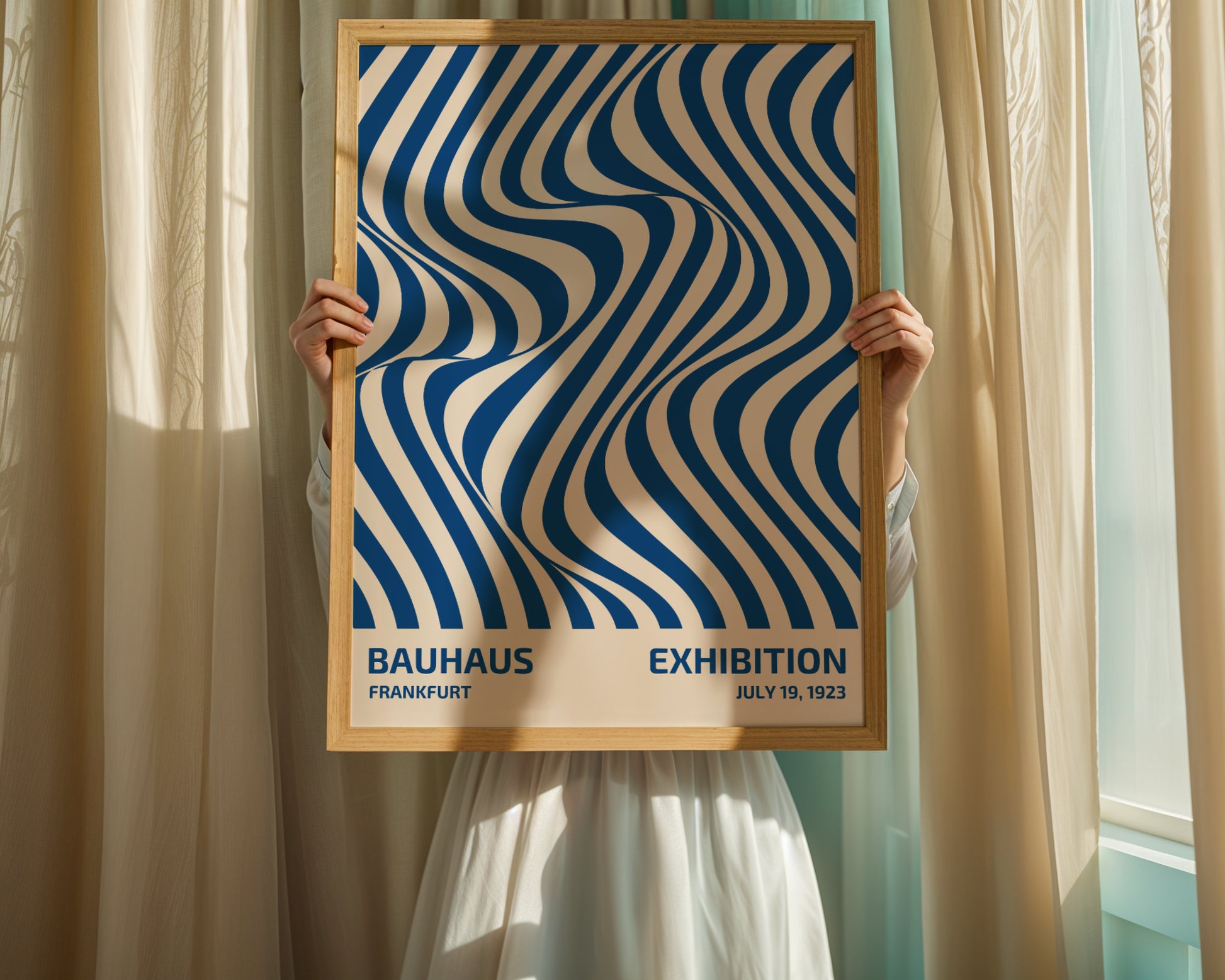 Bauhaus poster with blue abstract lines on a beige background