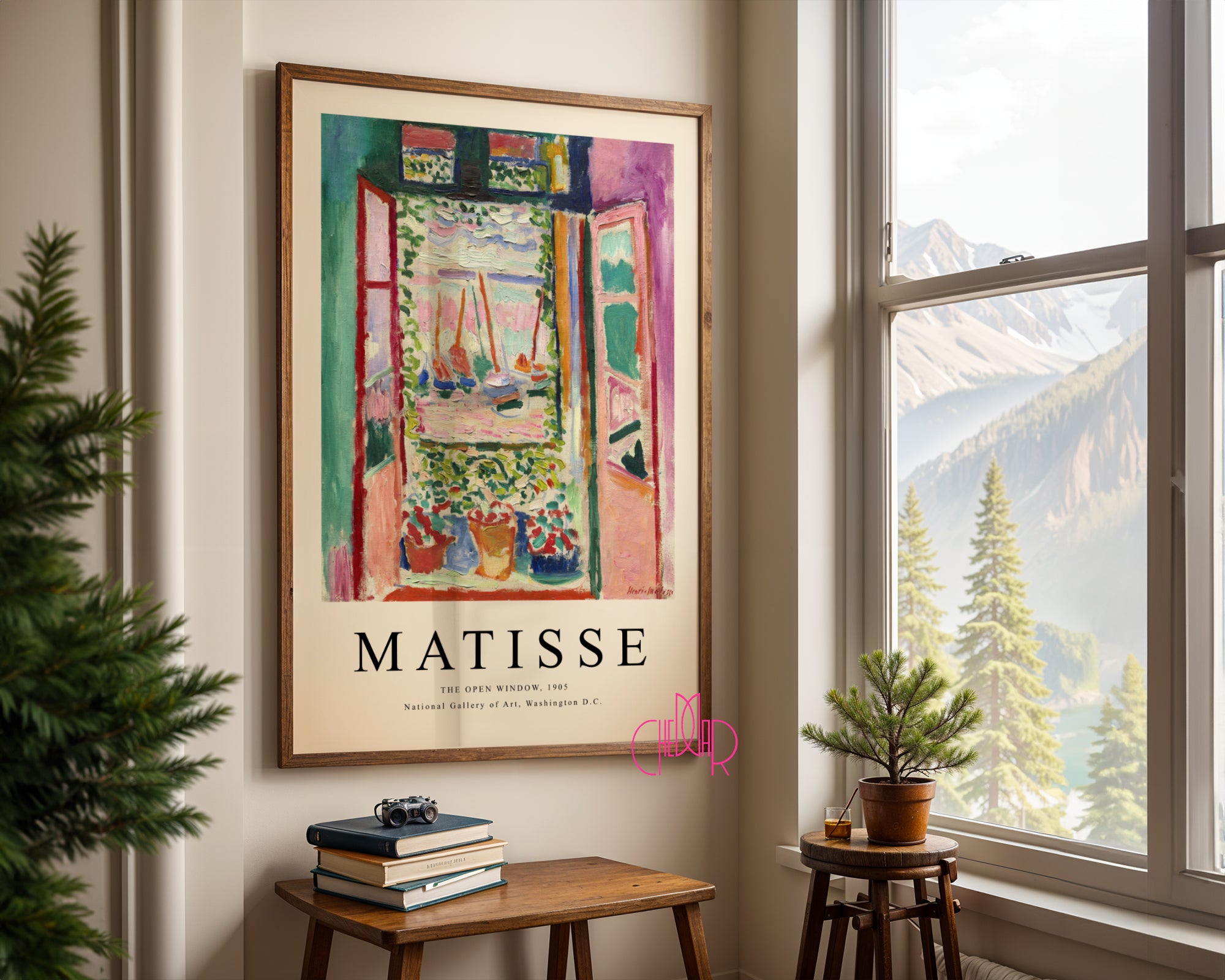 Bauhaus poster red "Eyes of the Prophet" on a navy blue background, modernism