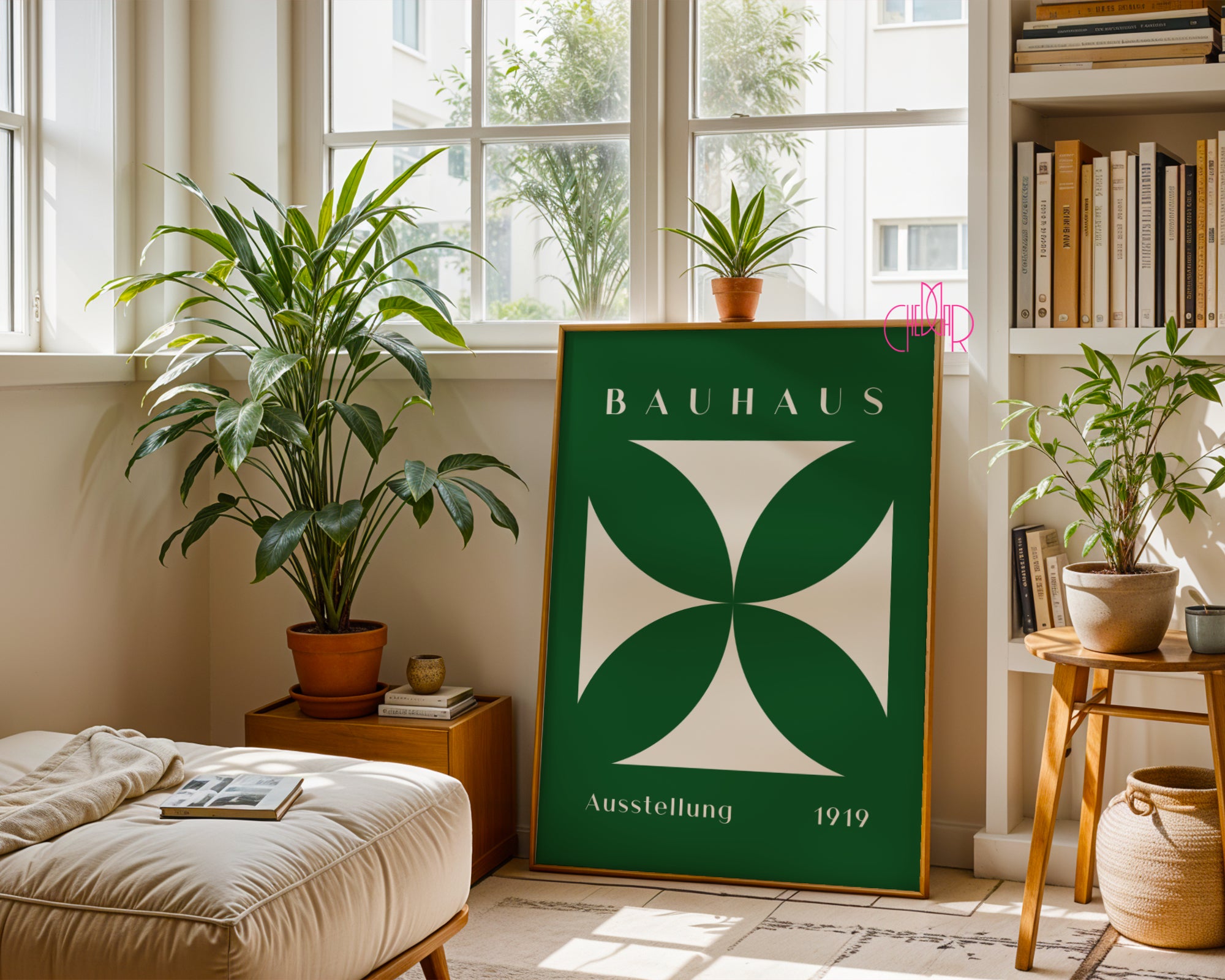 Bauhaus poster green flower in beige square