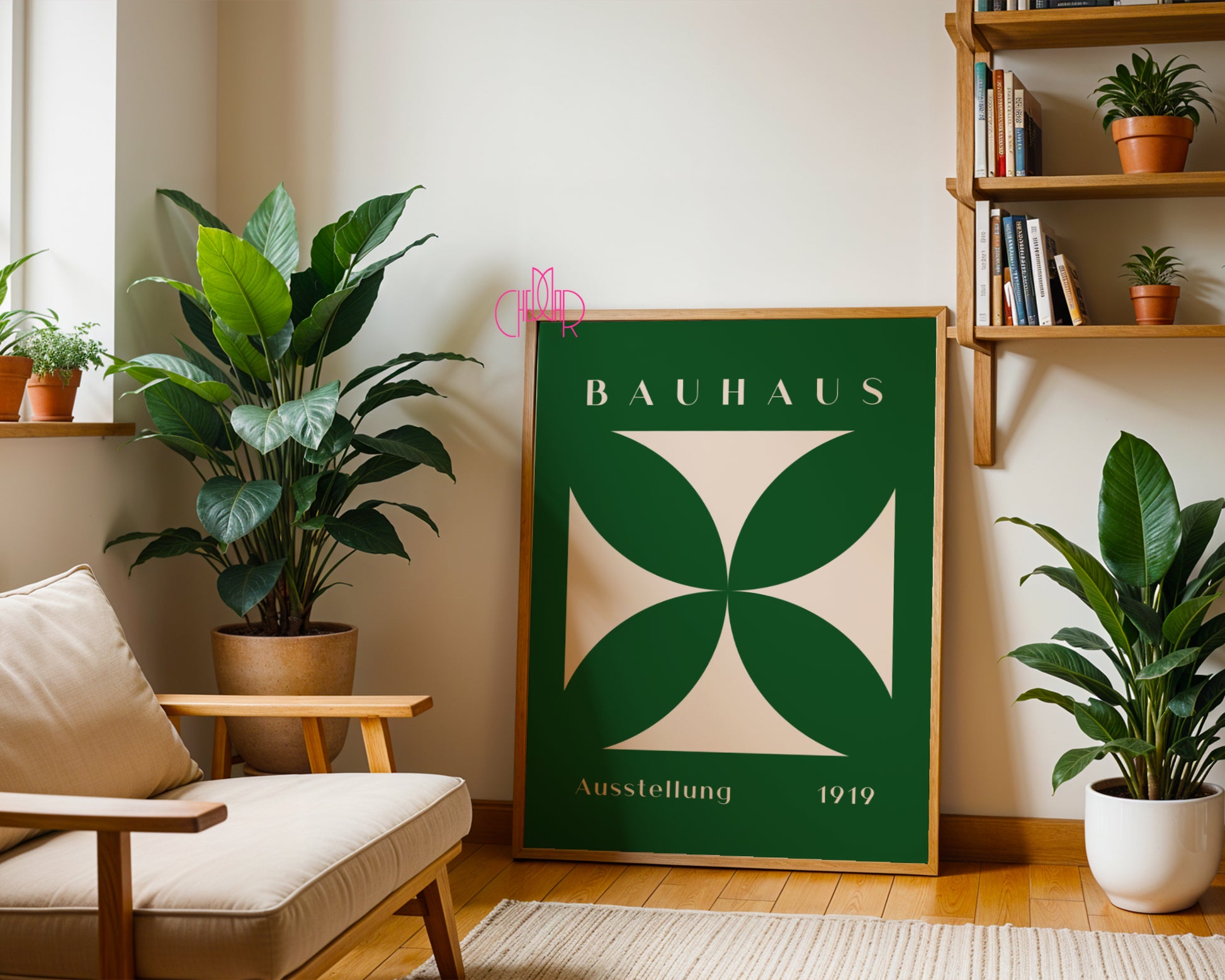 Bauhaus poster green flower in beige square