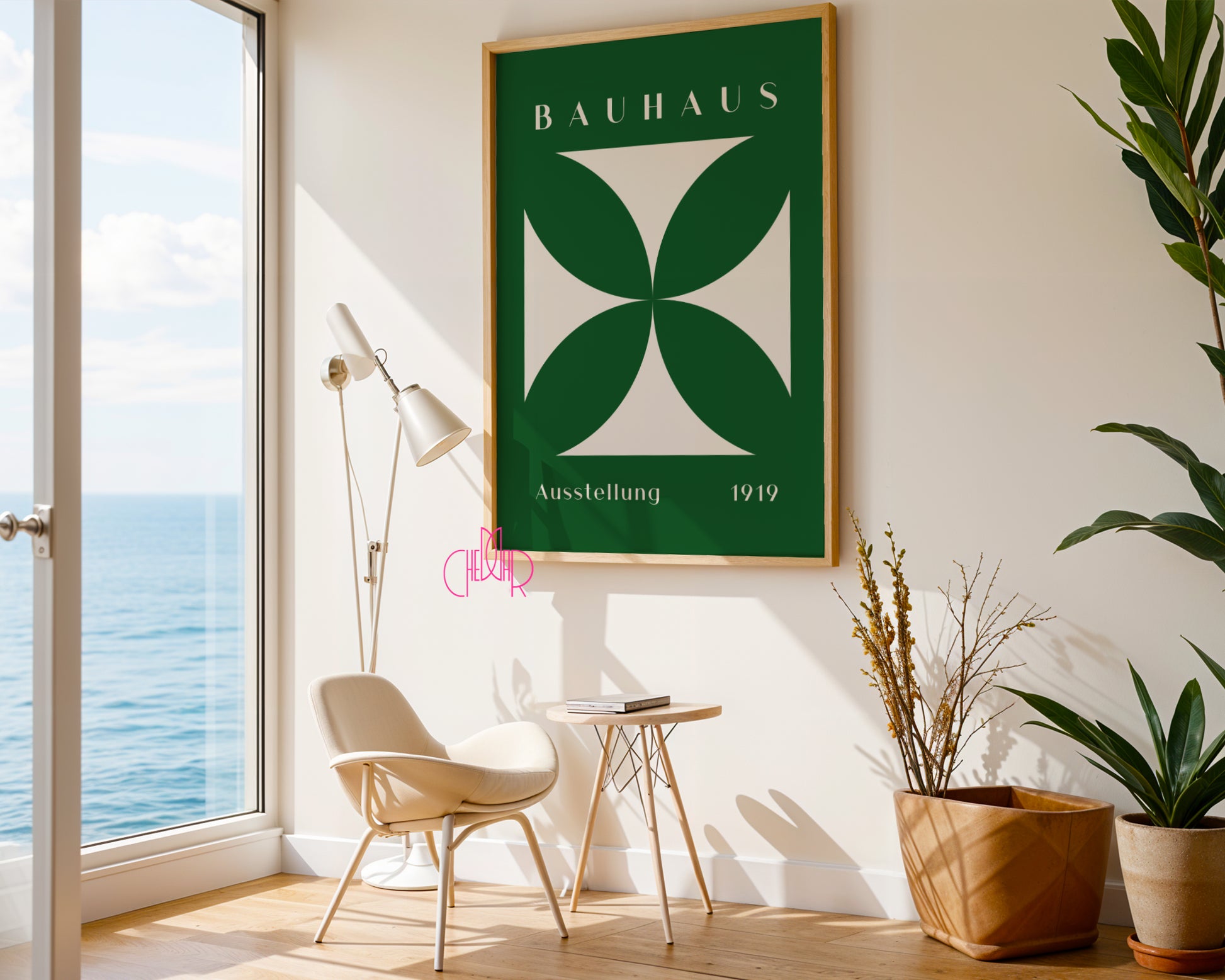 Bauhaus poster green flower in beige square