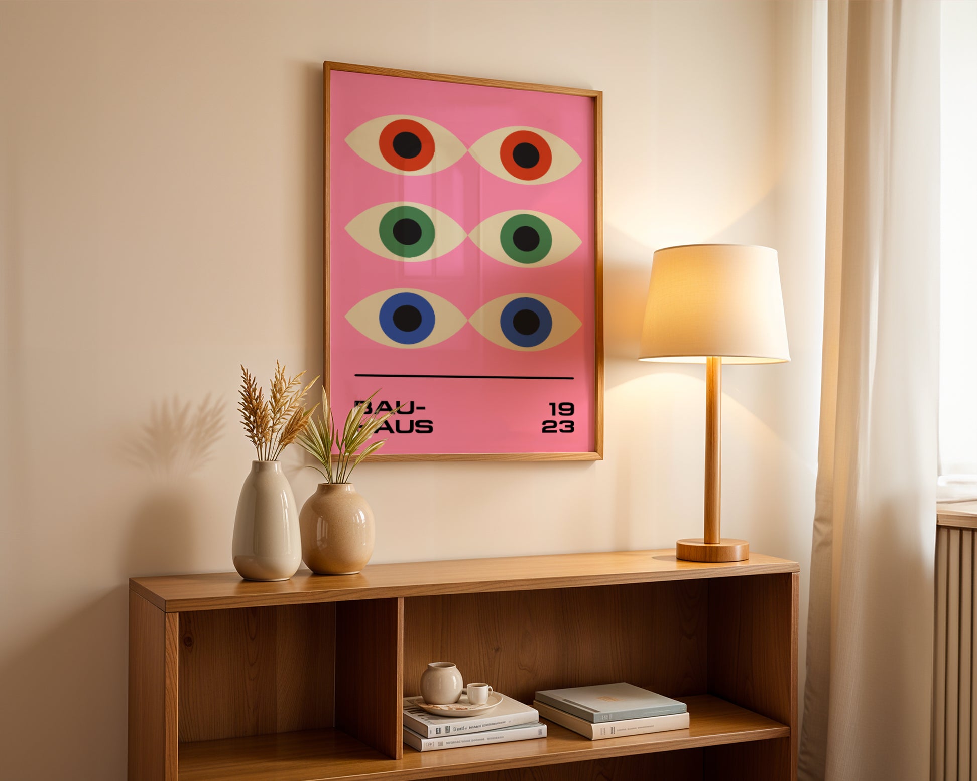 Bauhaus Poster – Geometric colorful Prophet Eyes on a pink background, retro, modernism.