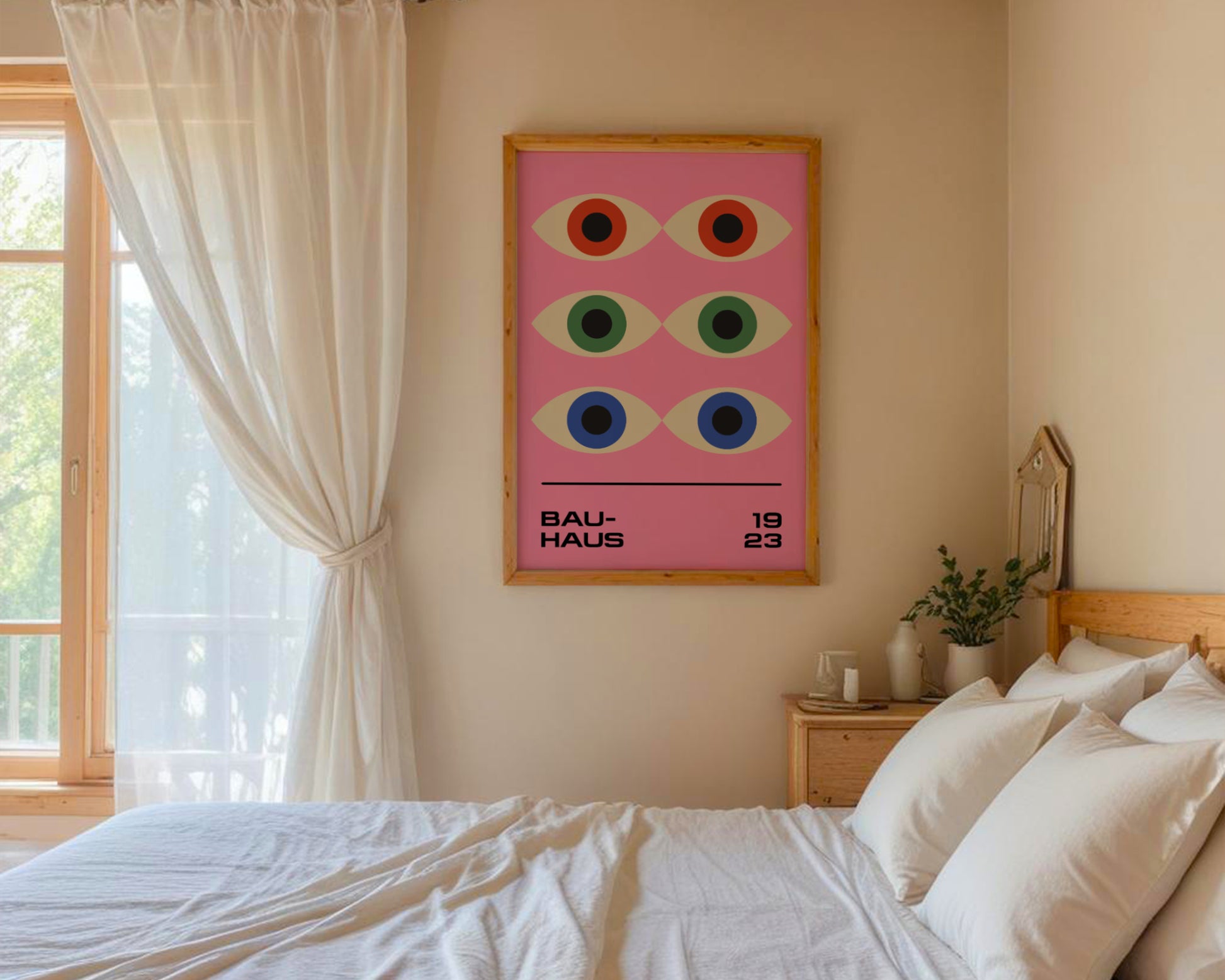 Bauhaus Poster – Geometric colorful Prophet Eyes on a pink background, retro, modernism.