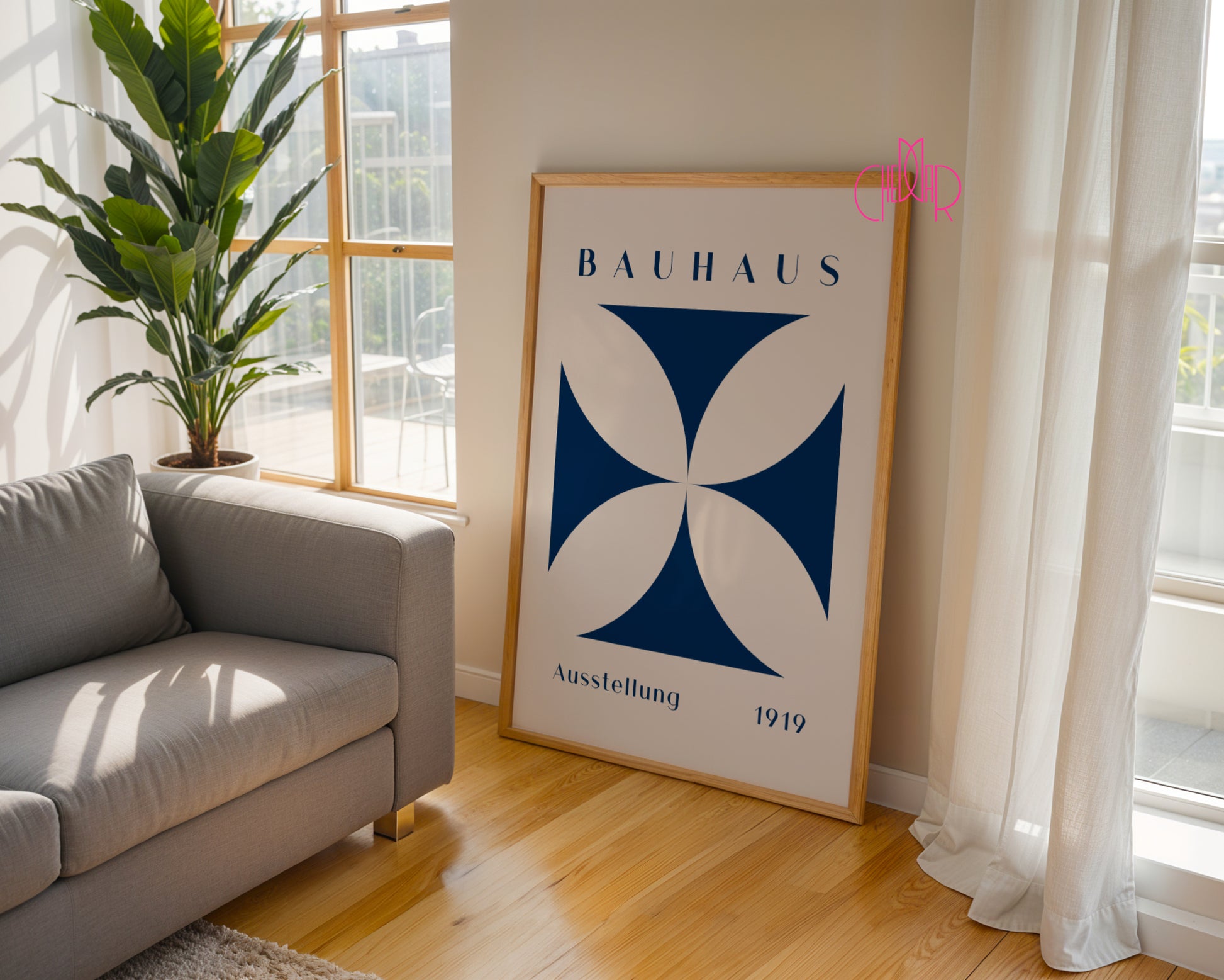 Bauhaus poster with navy blue semicircles on a beige background