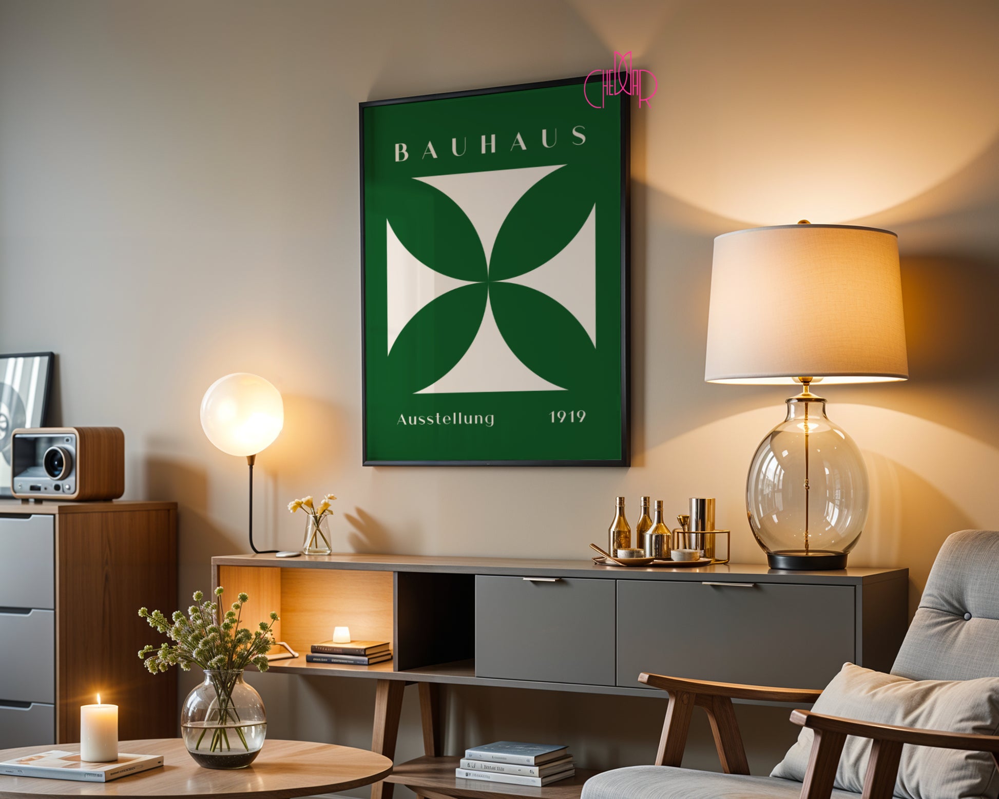 Bauhaus poster green flower in beige square