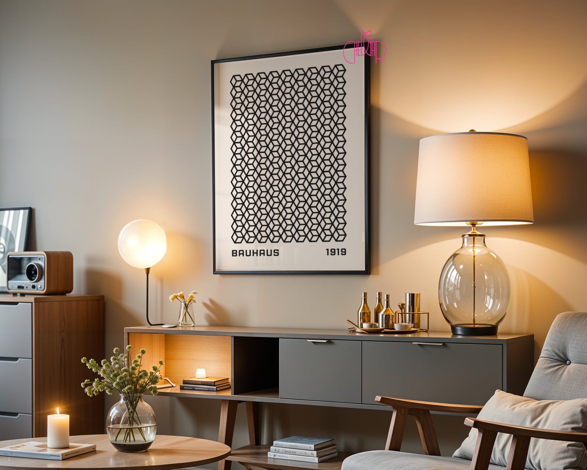 Bauhaus poster with black geometric squares on a beige background