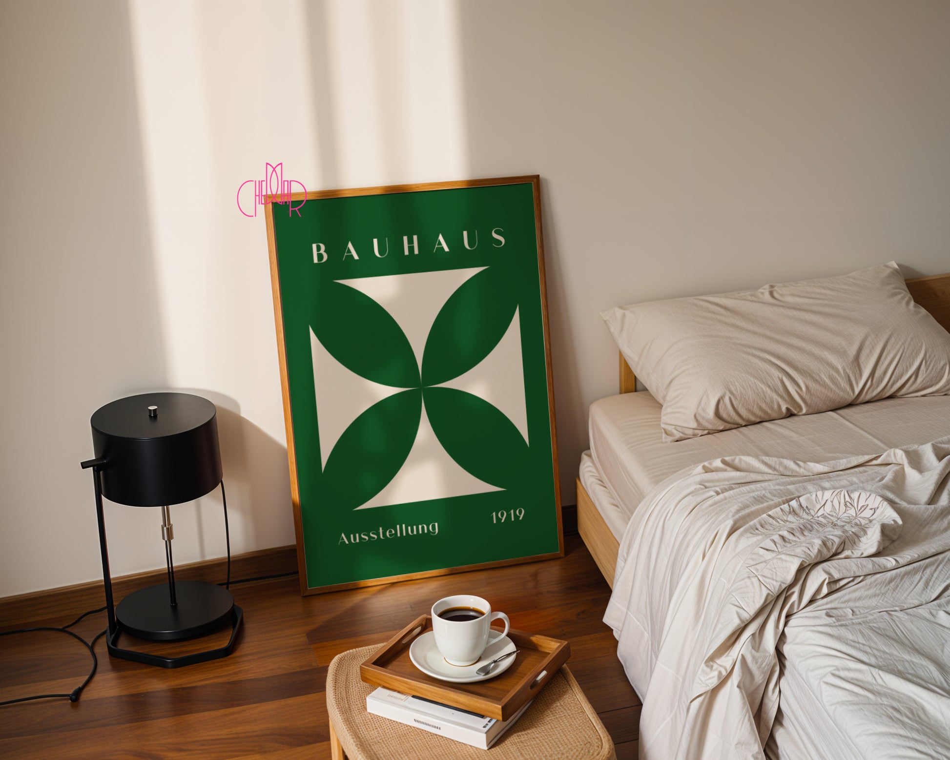 Bauhaus poster green flower in beige square