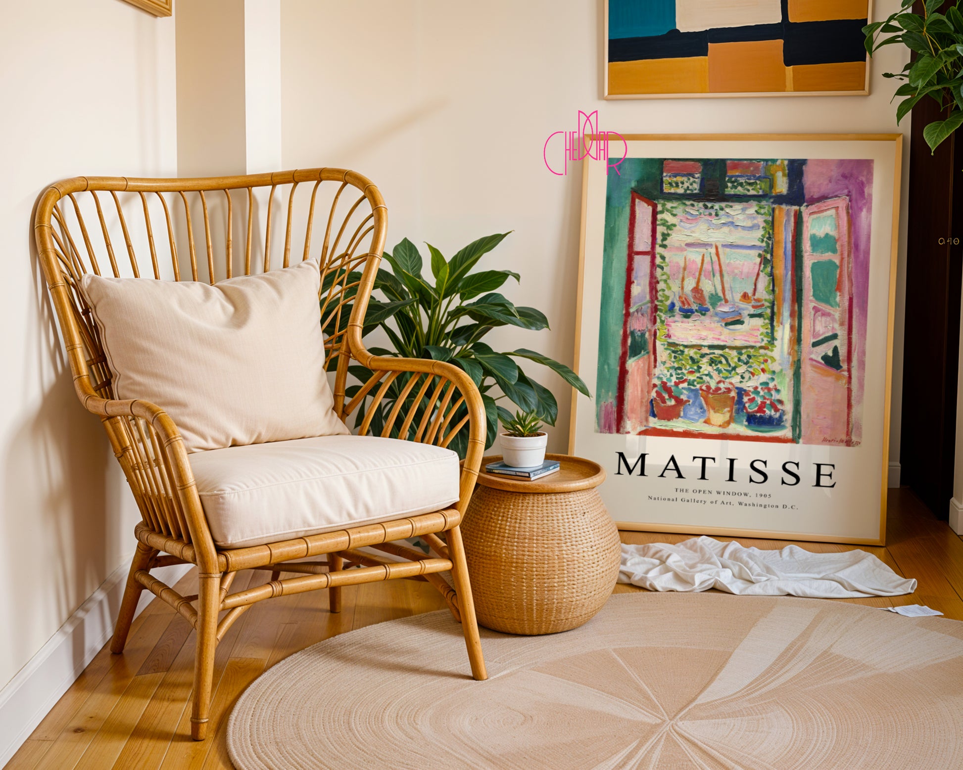 Bauhaus poster red "Eyes of the Prophet" on a navy blue background, modernism