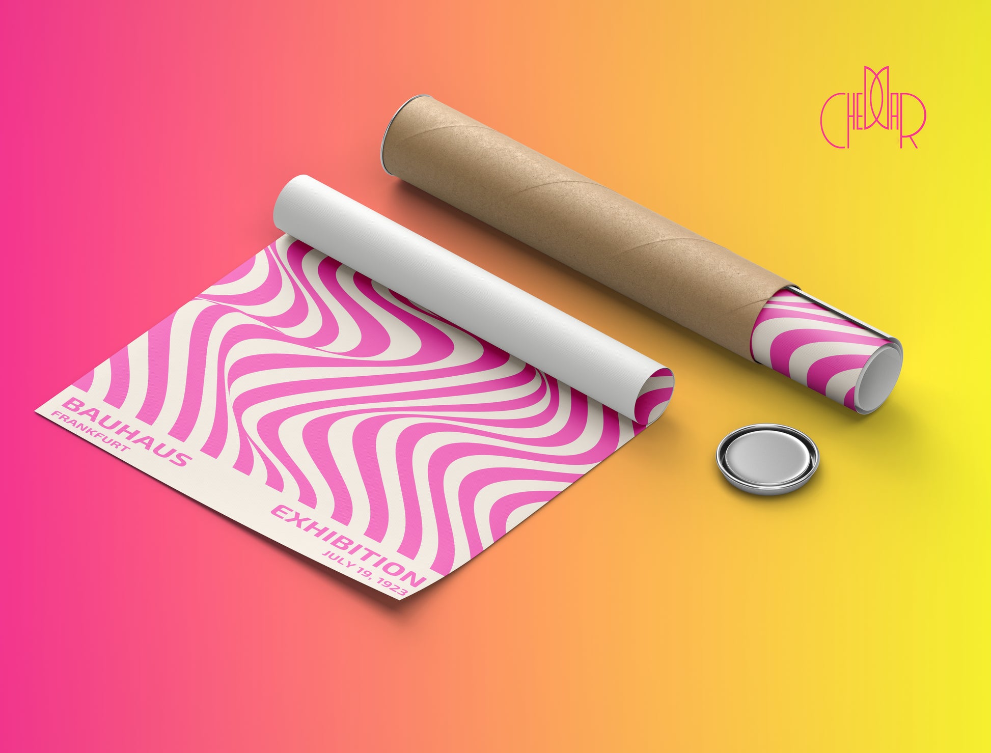 Bauhaus poster with pink abstract lines on a beige background