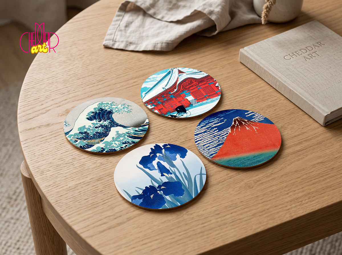 Japanese Landscapes Coaster Set — 4 Coordinated Ukiyo-e Masterpieces (Hokusai) | Cheddar Art