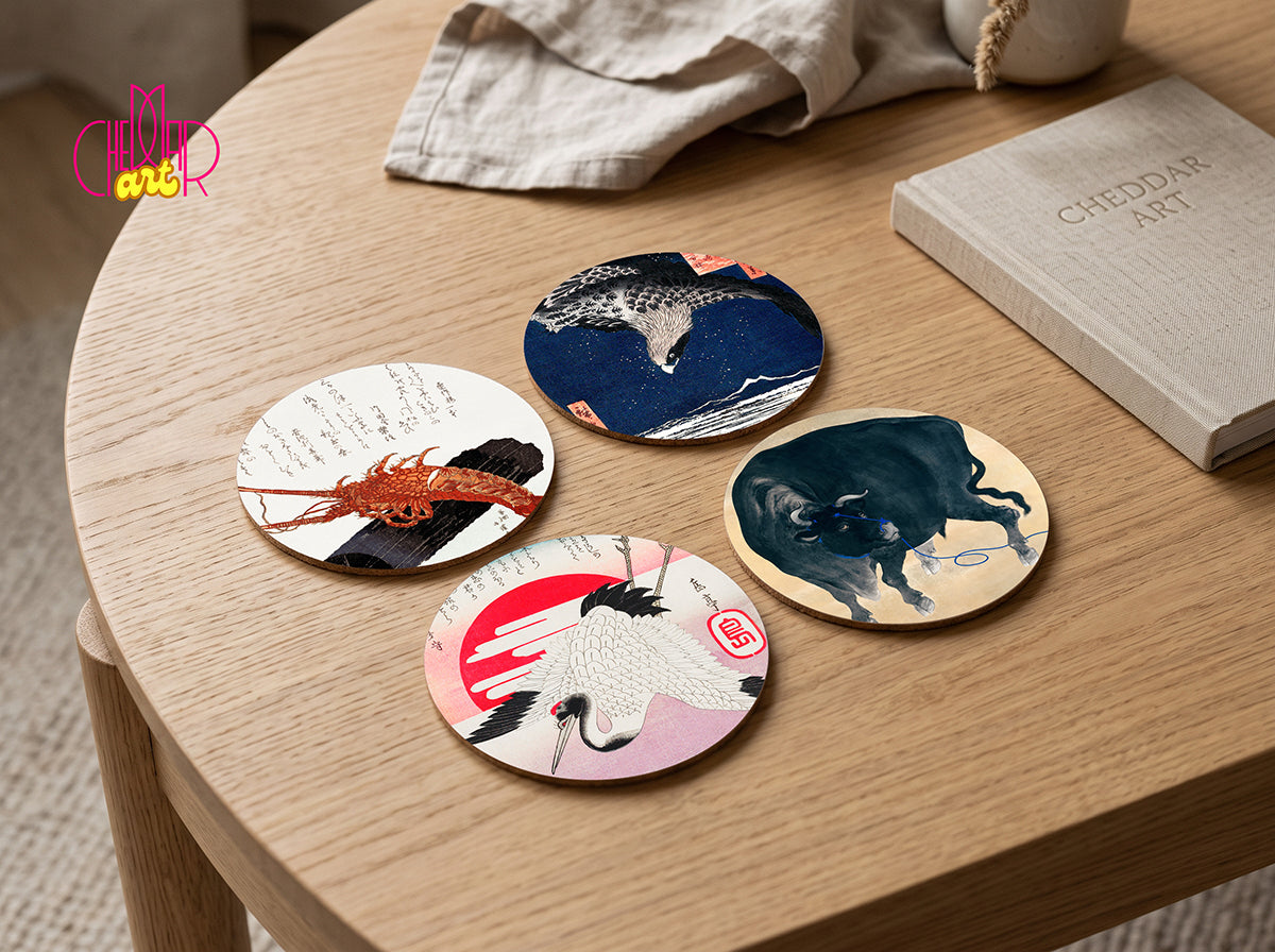 Japanese Wildlife Coaster Set — 4 Coordinated Ukiyo-e Masterpieces | Cheddar Art