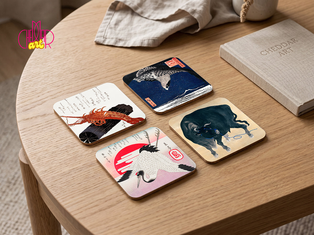 Japanese Wildlife Coaster Set — 4 Coordinated Ukiyo-e Masterpieces | Cheddar Art