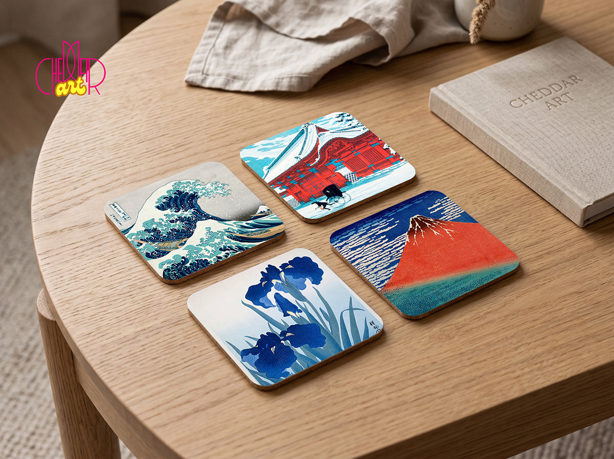 Japanese Landscapes Coaster Set — 4 Coordinated Ukiyo-e Masterpieces (Hokusai) | Cheddar Art