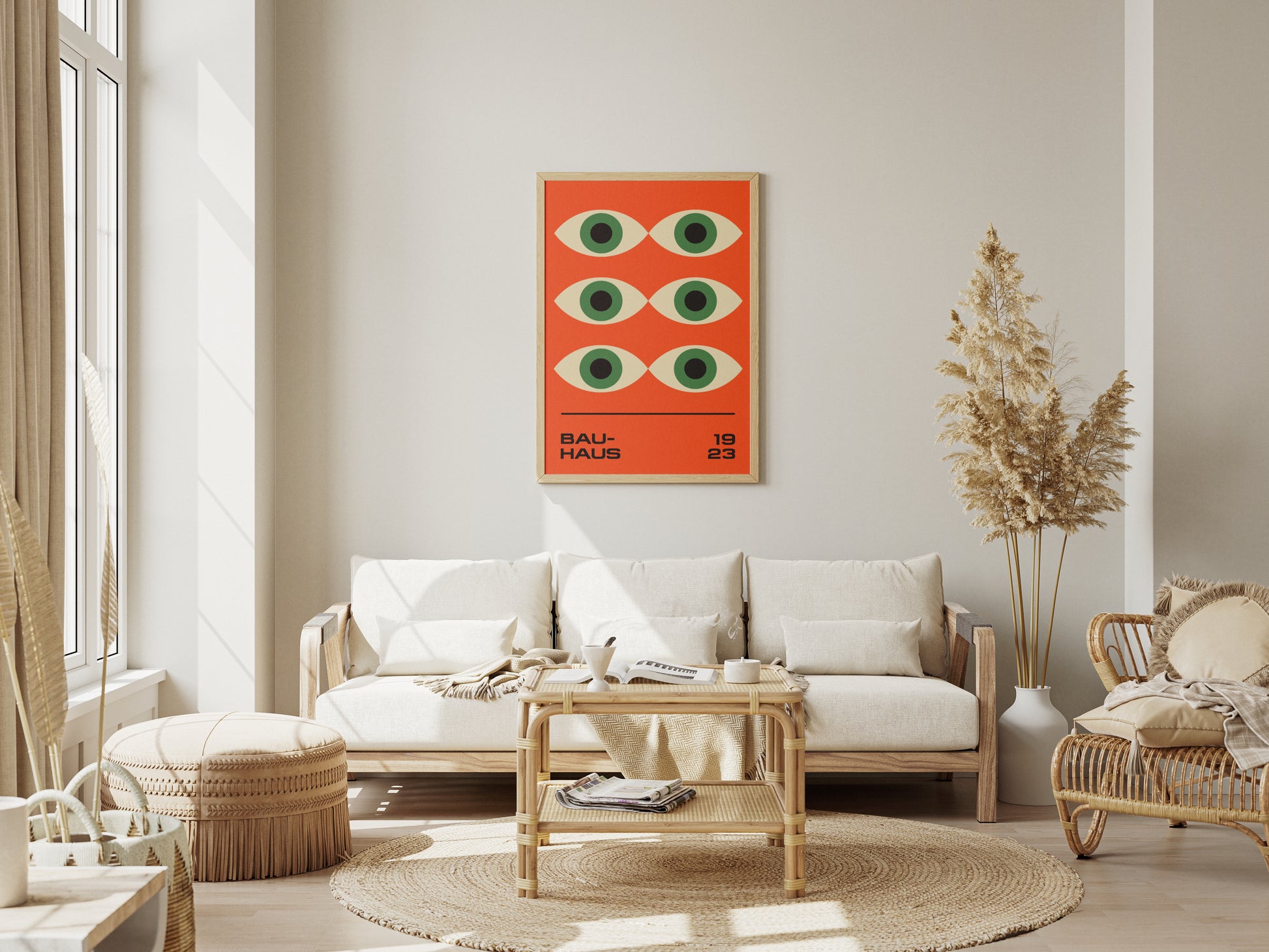 Bauhaus poster green eyes on orange background, modernism, retro