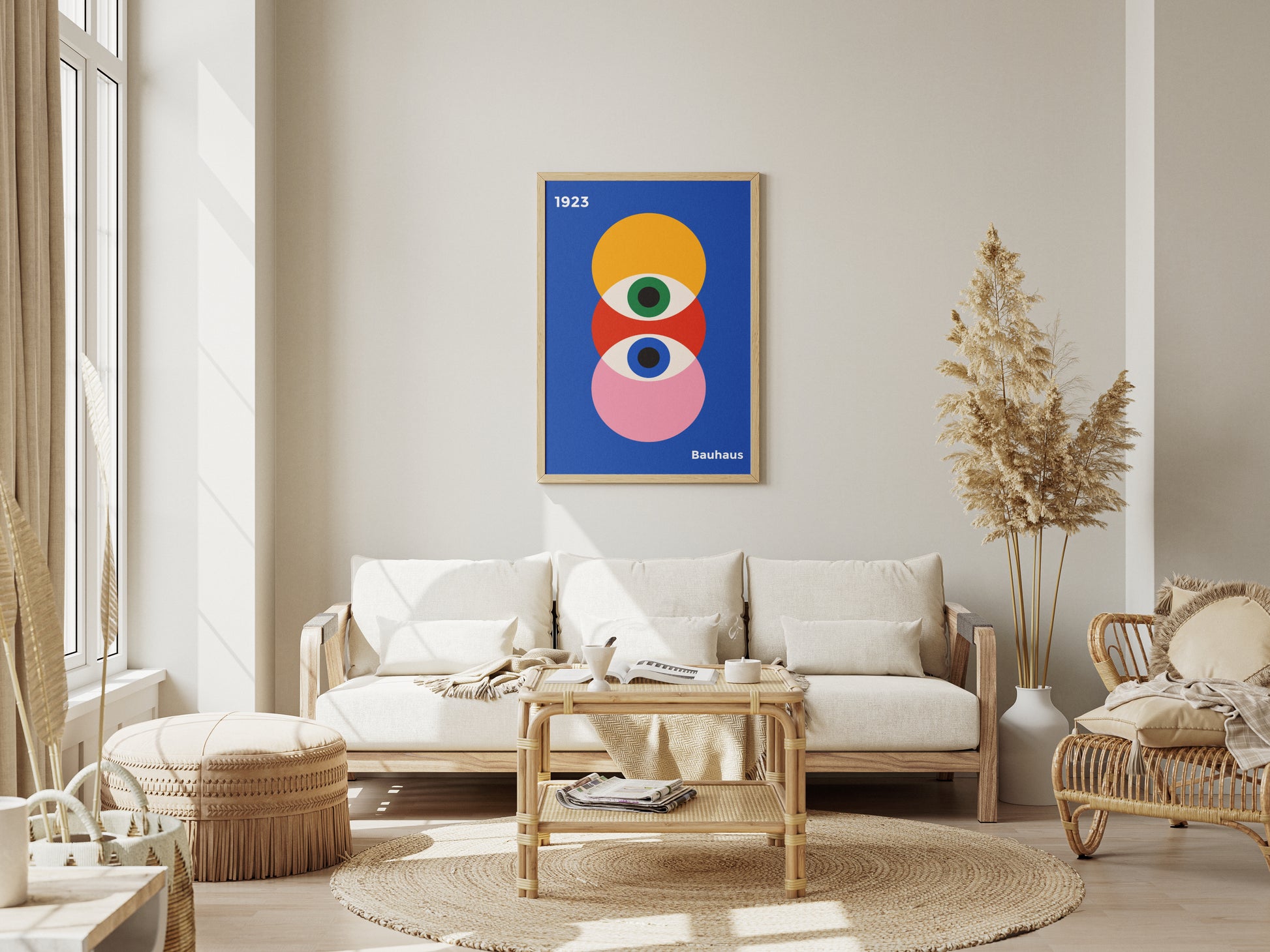 Bauhaus poster with colorful circles on a navy blue background with prophet eyes