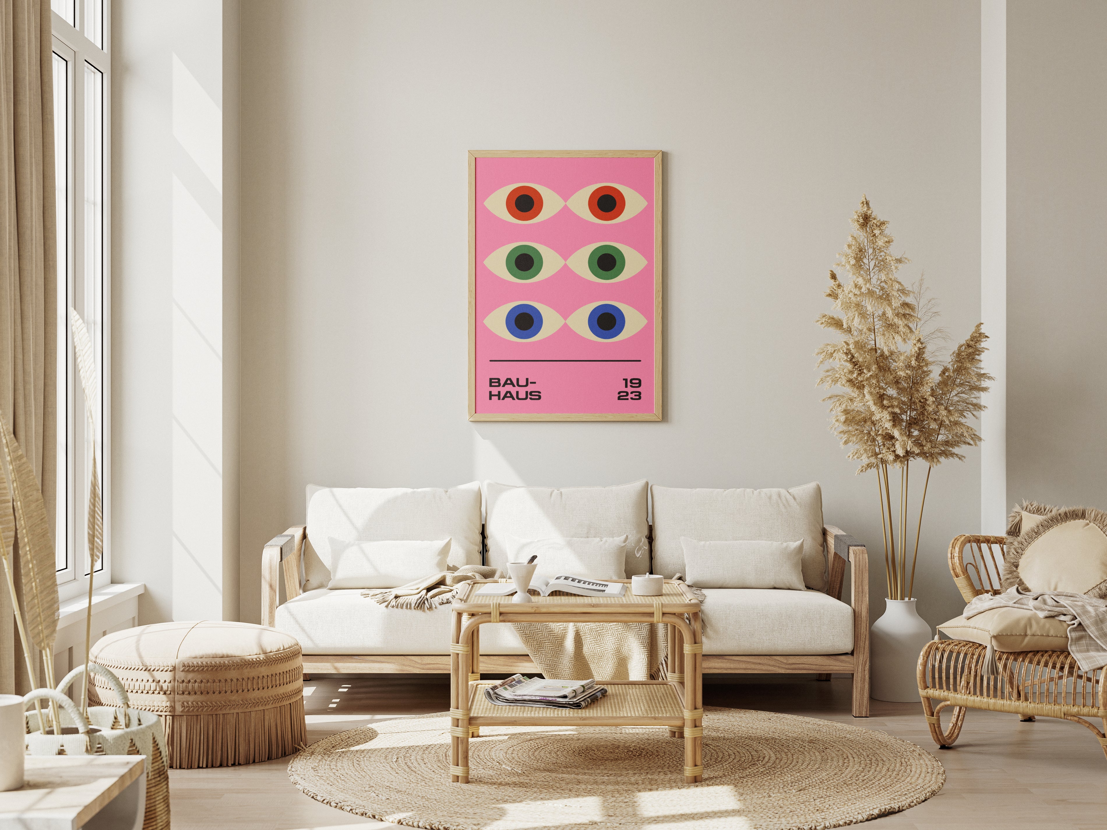 Bauhaus Poster – Geometric colorful Prophet Eyes on a pink background, retro, modernism.